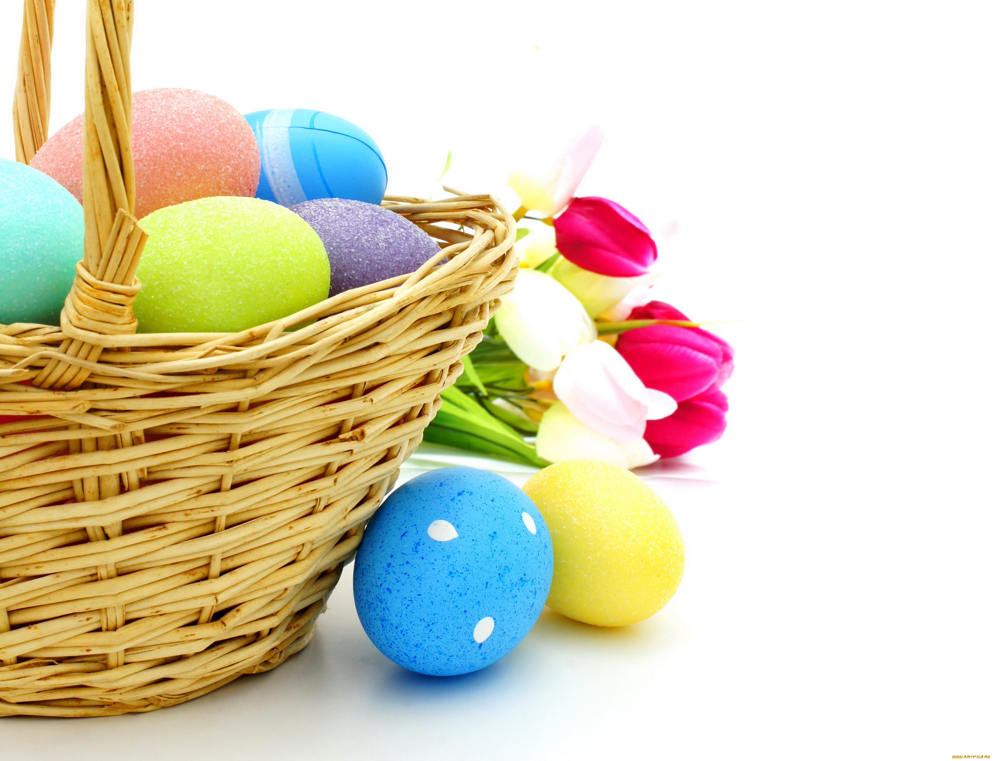 праздничные, пасха, тюльпаны, корзина, яйца