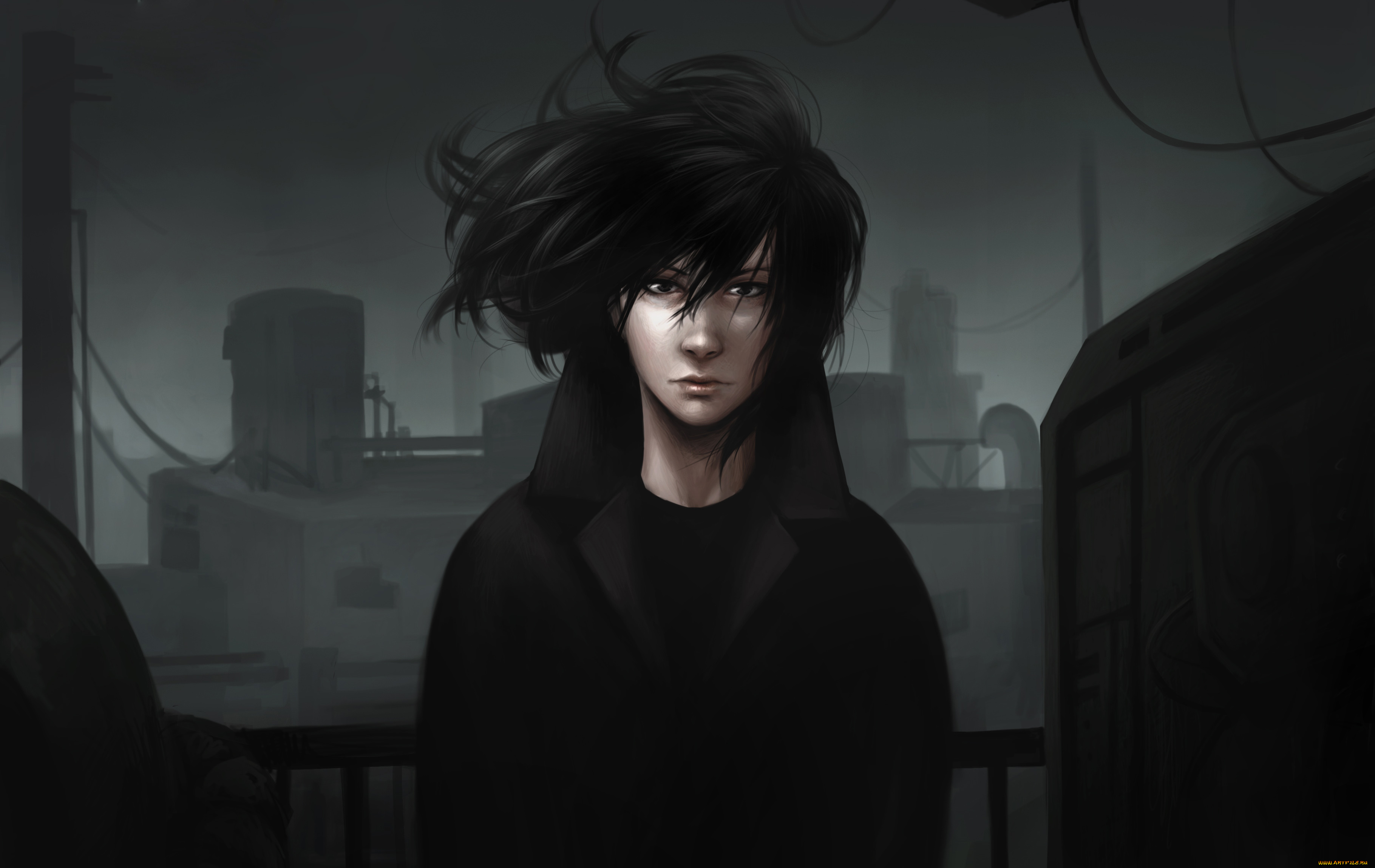 аниме, *unknown, , другое, парень, плащ, ветер, город