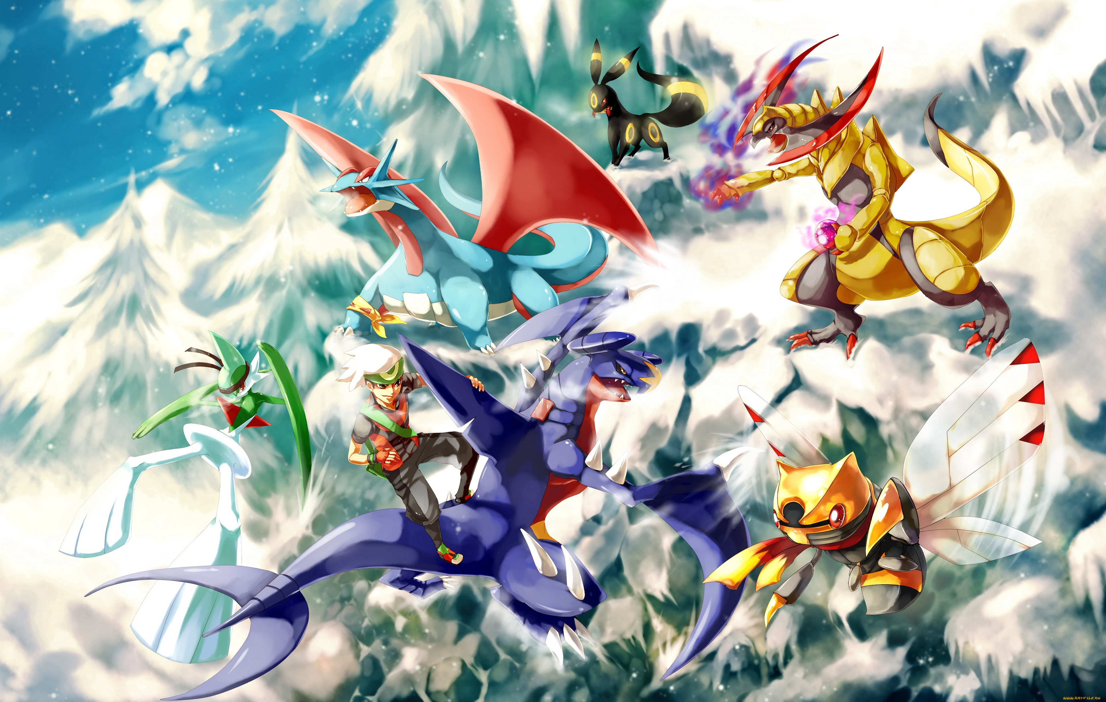 аниме, pokemon, парень, покемоны, арт, снег, горы, облака, небо, ёлки