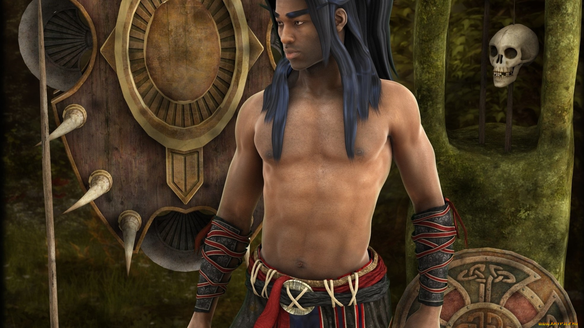 3д, графика, фантазия, , fantasy, мужчина, взгляд, фон, черепа