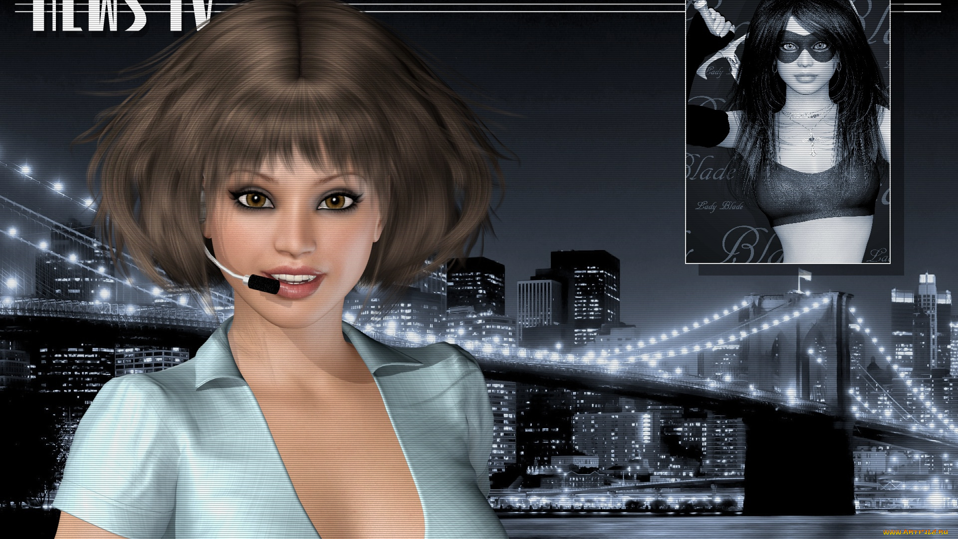 3д, графика, люди, , people, девушка, взгляд, фон, микрофон, город, мост