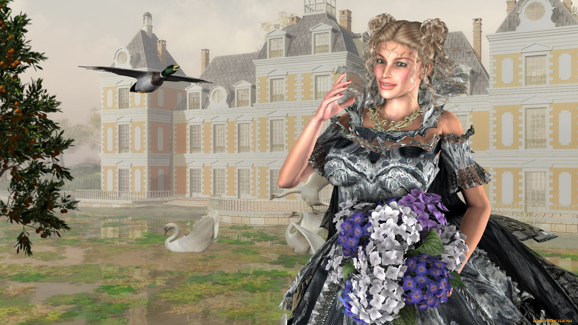 3д, графика, люди, , people, утки, улыбка, лебеди, бассейн, замок, цветы, фон, взгляд, девушка