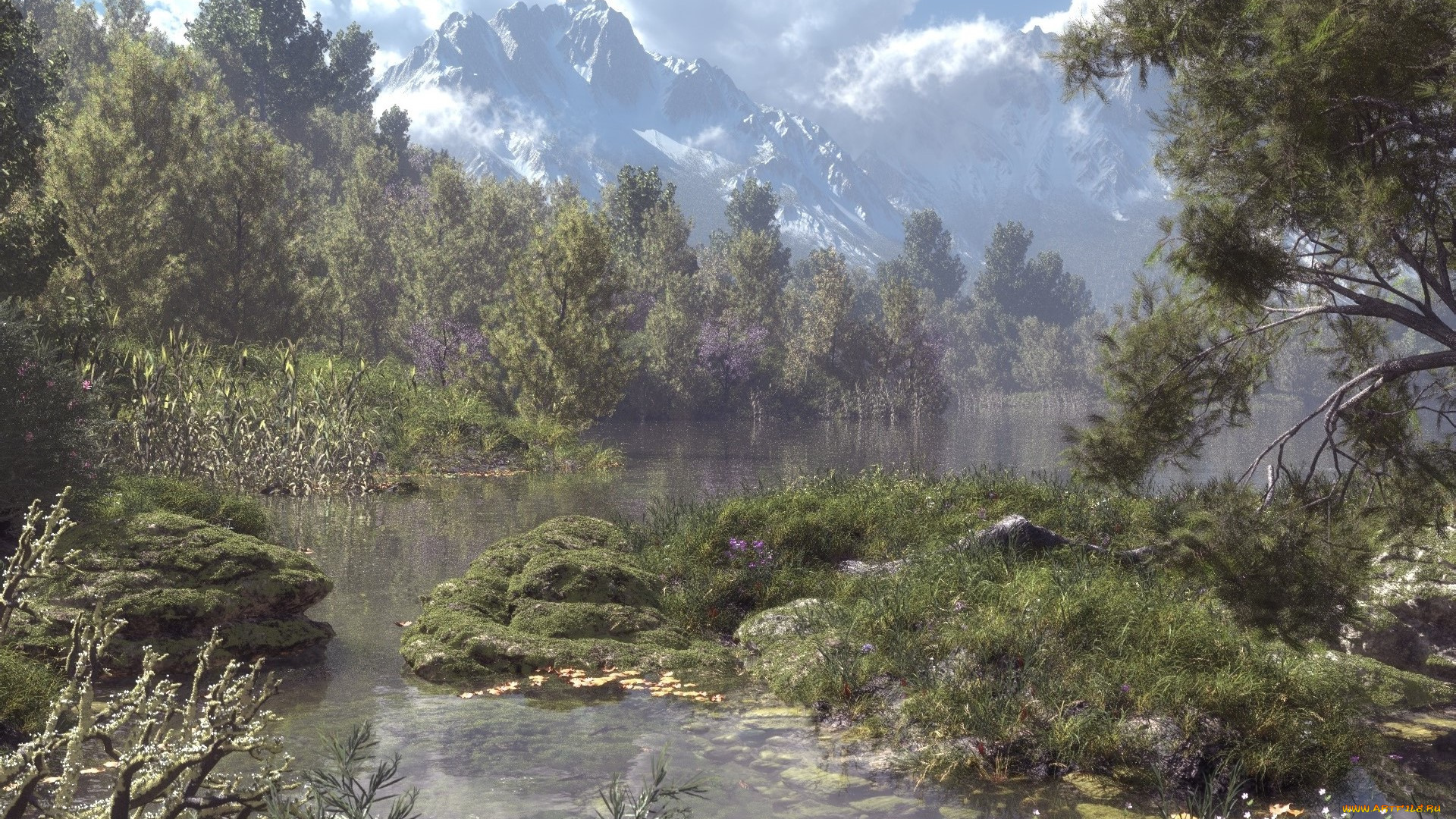 3д, графика, природа, , nature, лес, река, горы, облака