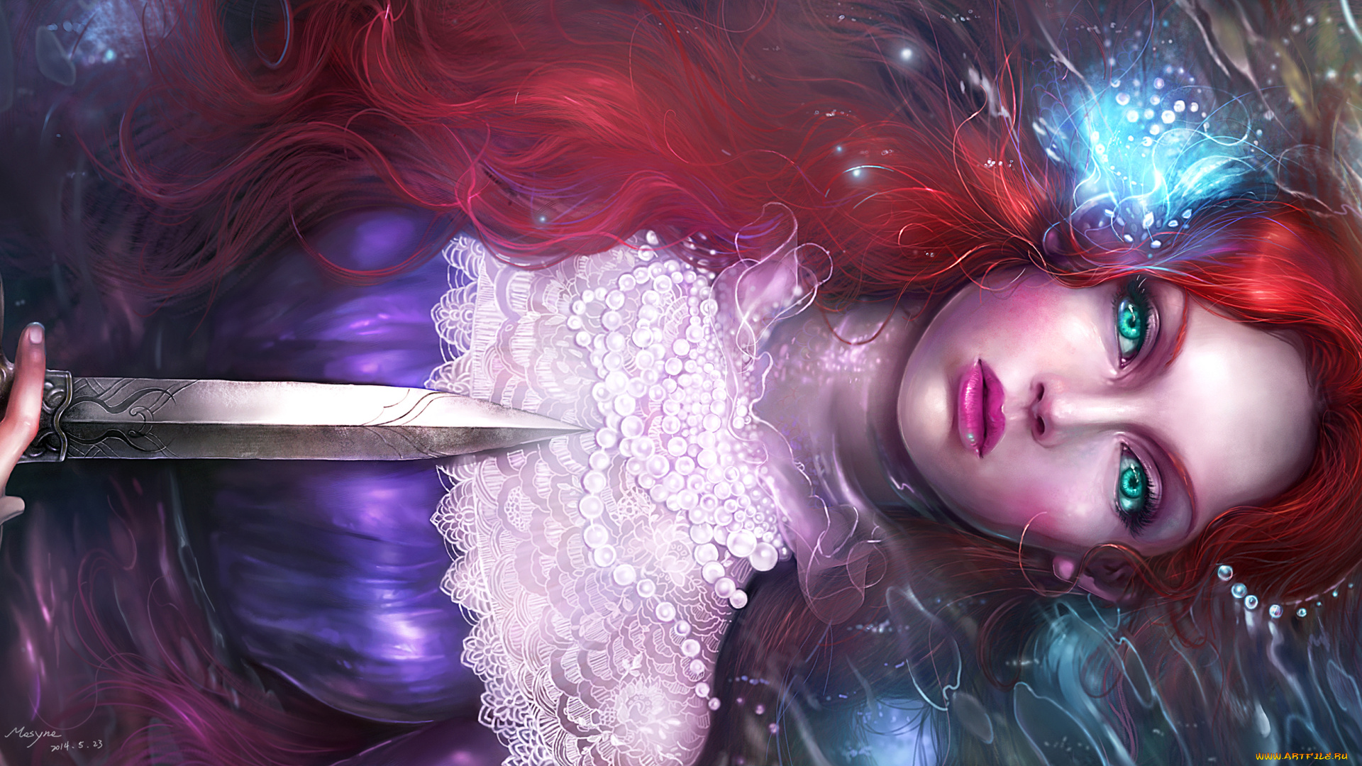 фэнтези, девушки, взгляд, ariel, the, little, mermaid, вода, магия, девушка, libera, art, цветок, оружие