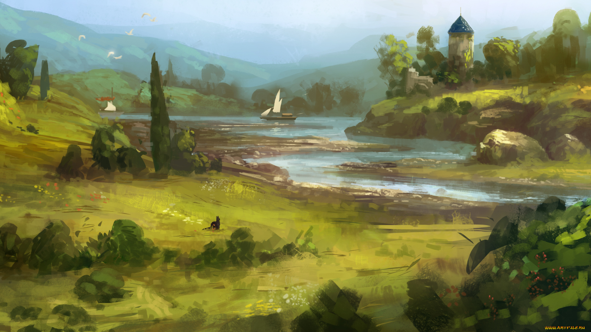 рисованное, природа, кошка, трава, зелень, река, пейзаж