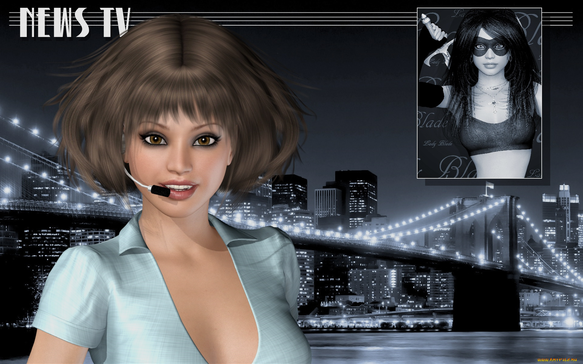 3д, графика, люди, , people, девушка, взгляд, фон, микрофон, город, мост