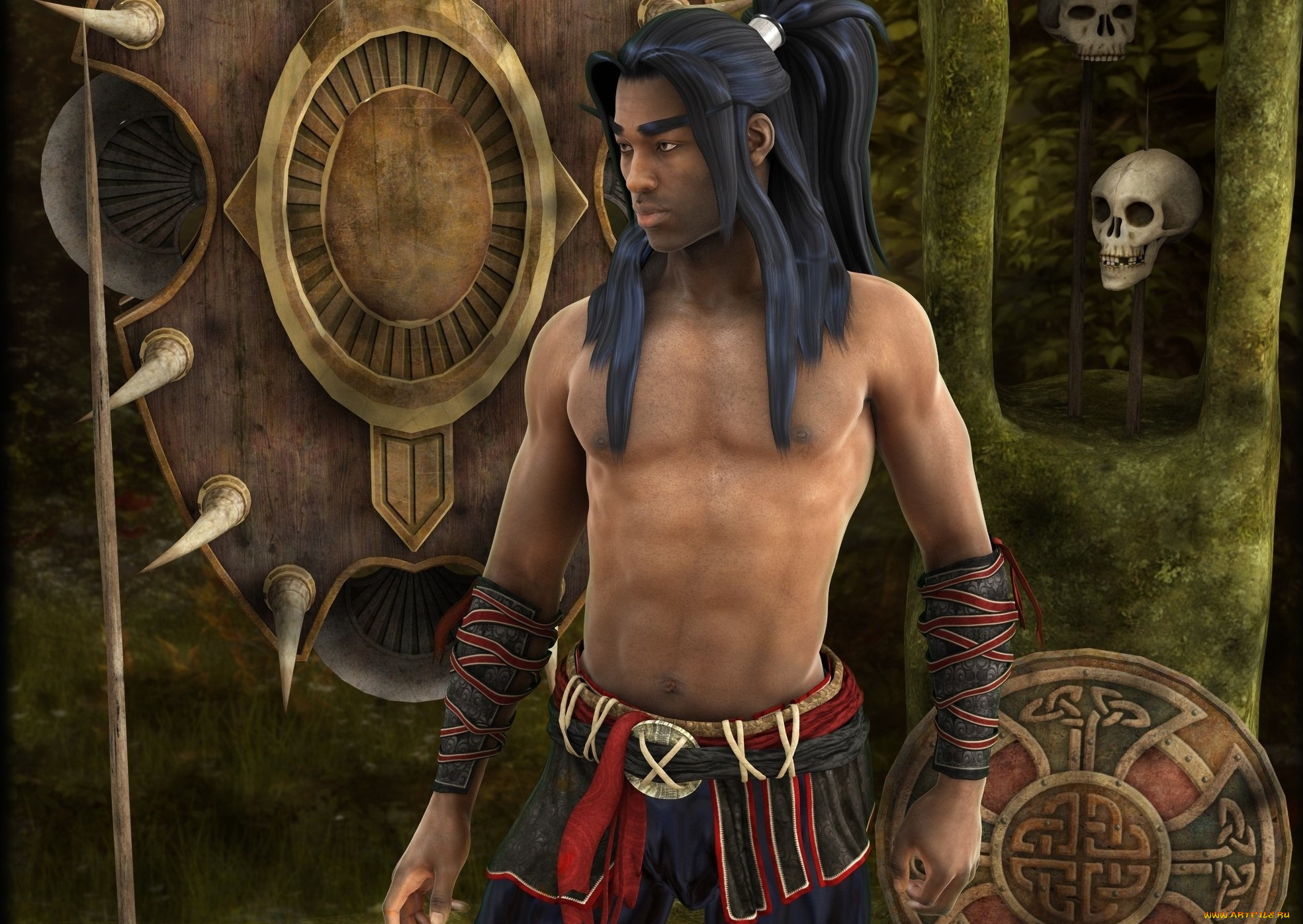 3д, графика, фантазия, , fantasy, мужчина, взгляд, фон, черепа