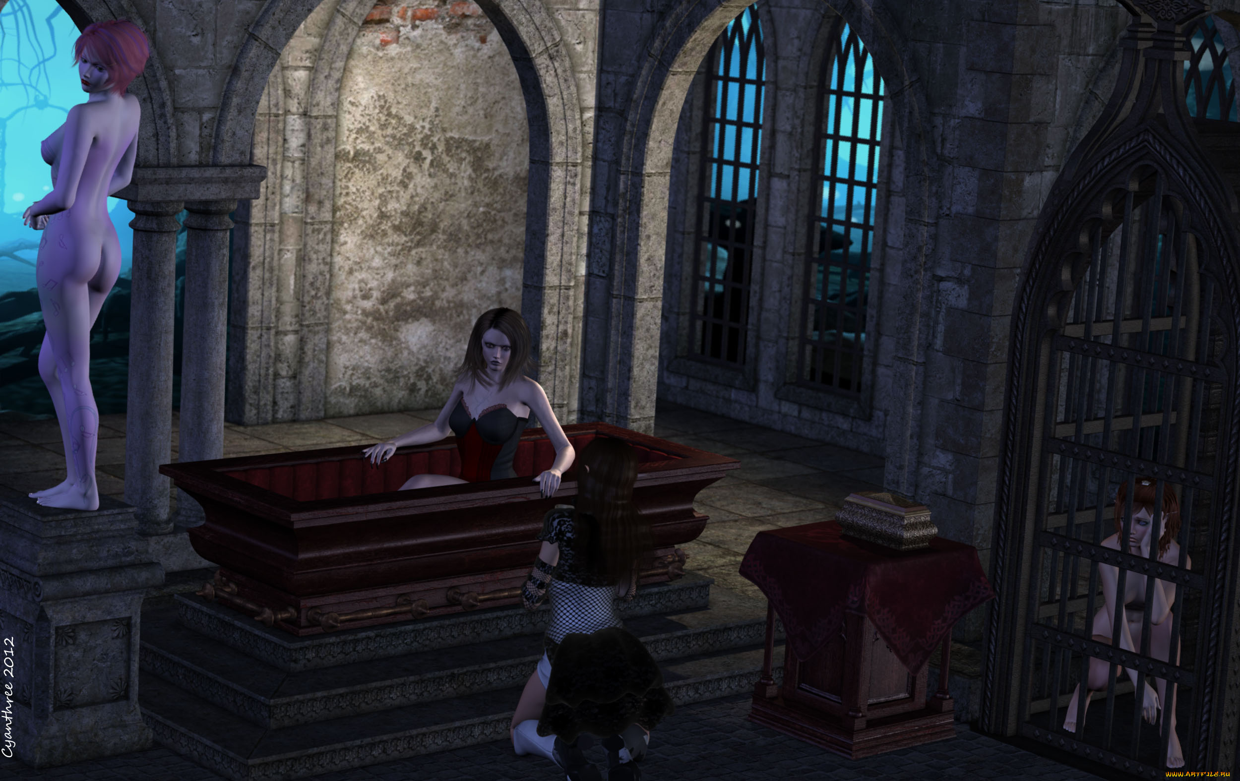 3д, графика, существа, , creatures, девушки, вампир, склеп