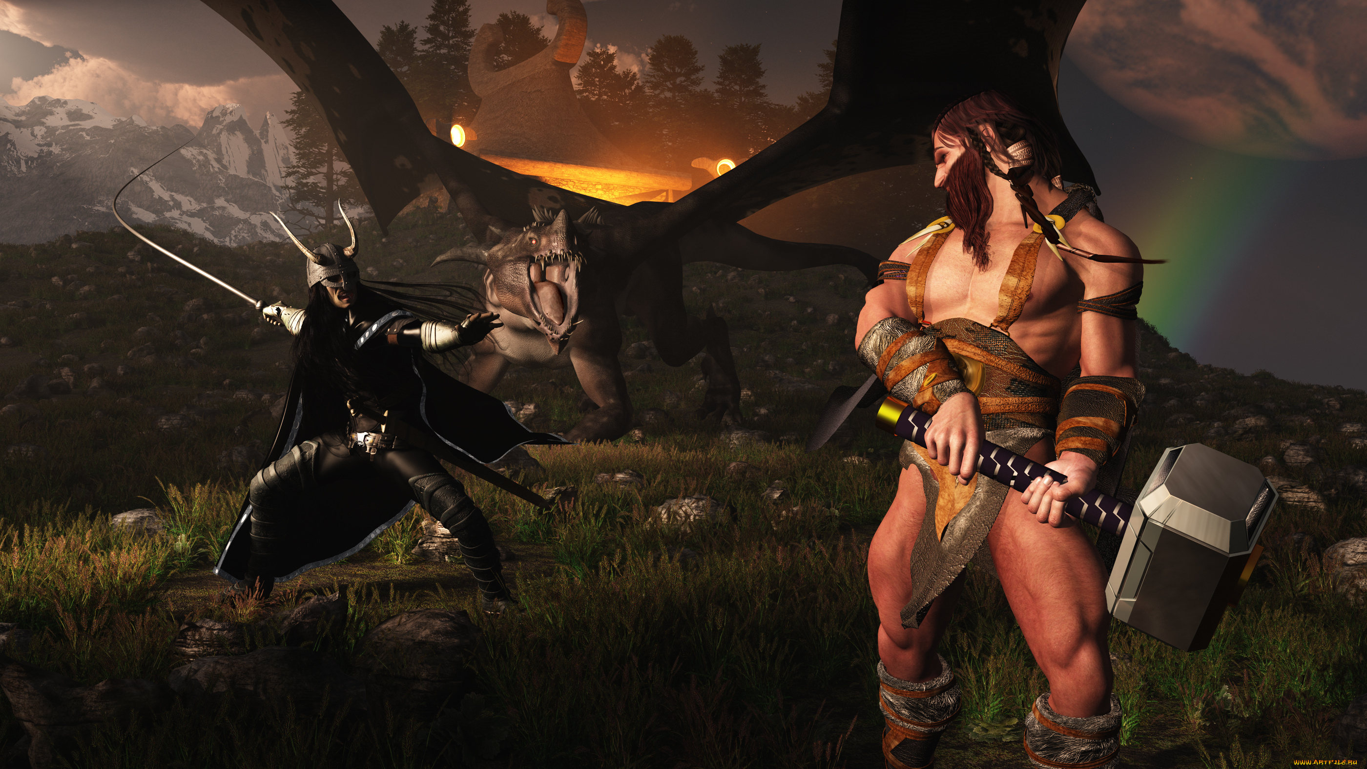 3д, графика, фантазия, , fantasy, викинг, демон, дракон, оружие, горы