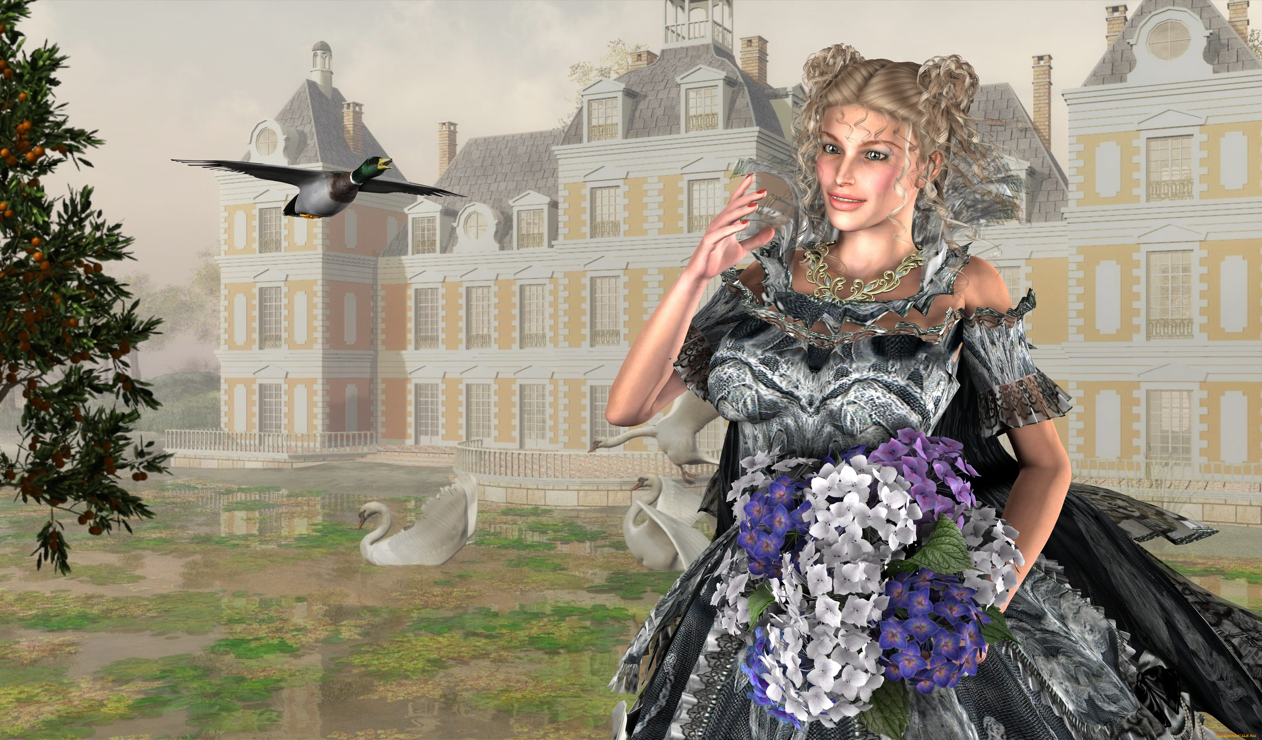 3д, графика, люди, , people, утки, улыбка, лебеди, бассейн, замок, цветы, фон, взгляд, девушка