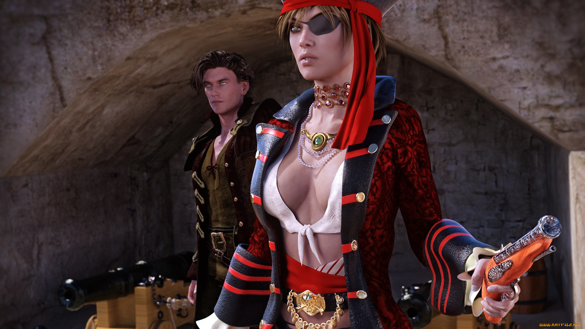 3д, графика, фантазия, , fantasy, девушка, оружие, пират, фон, взгляд