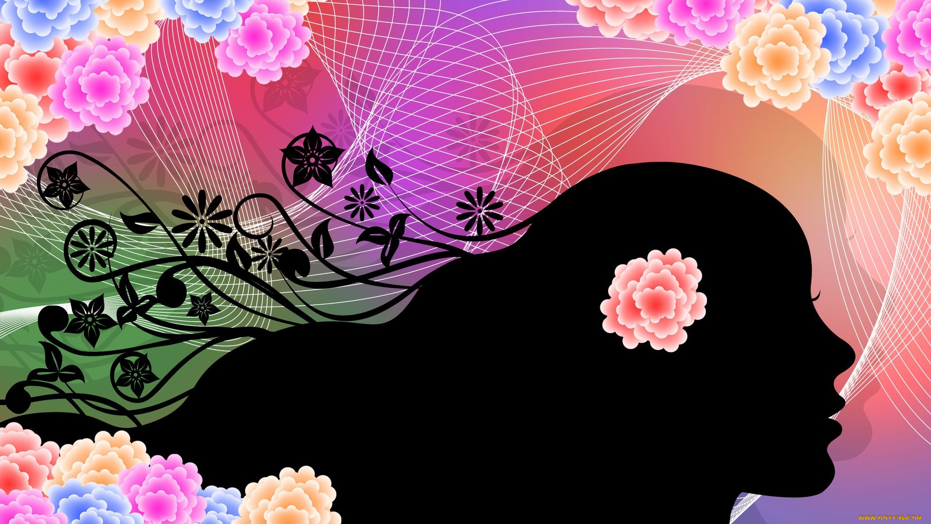 векторная, графика, девушки, , girls, девушка, взгляд, фон, цветы