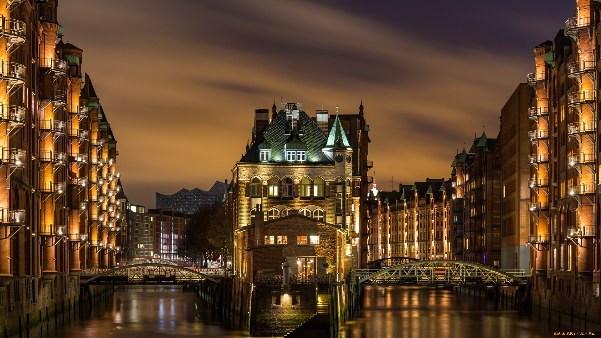 wasserschloss, города, -, огни, ночного, города, свет, ночь