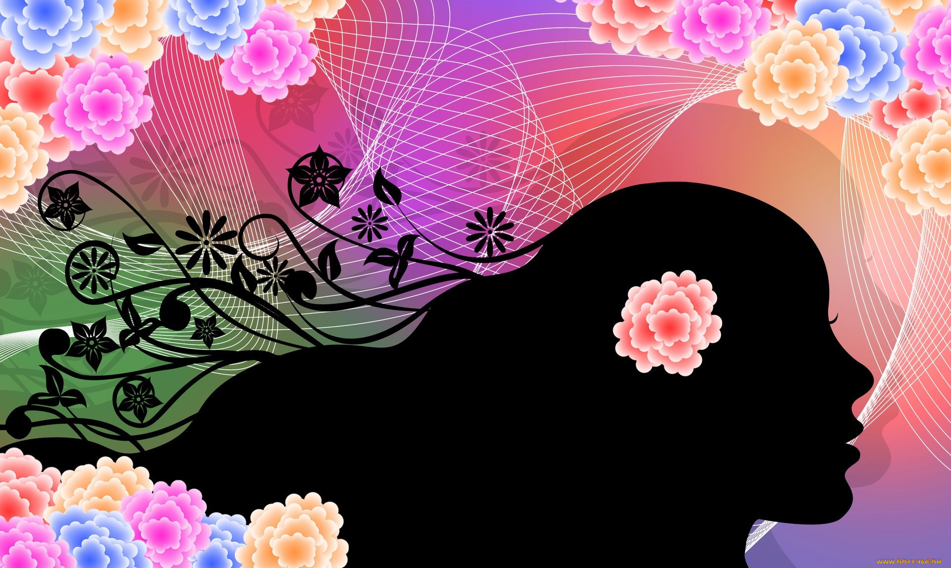 векторная, графика, девушки, , girls, девушка, взгляд, фон, цветы