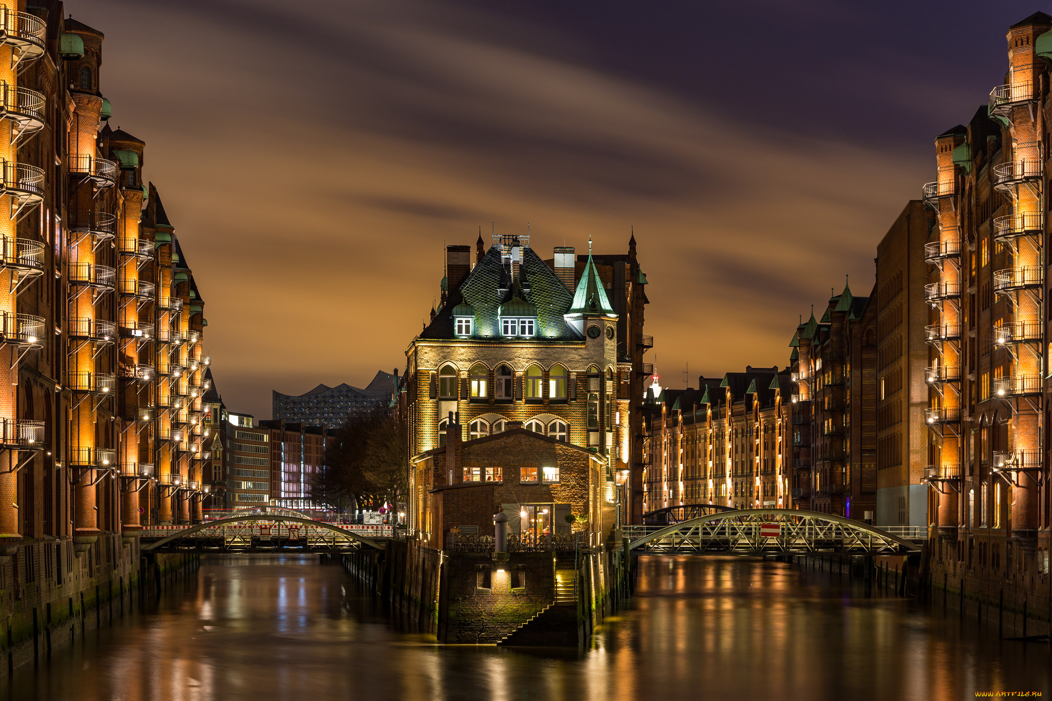 wasserschloss, города, -, огни, ночного, города, свет, ночь