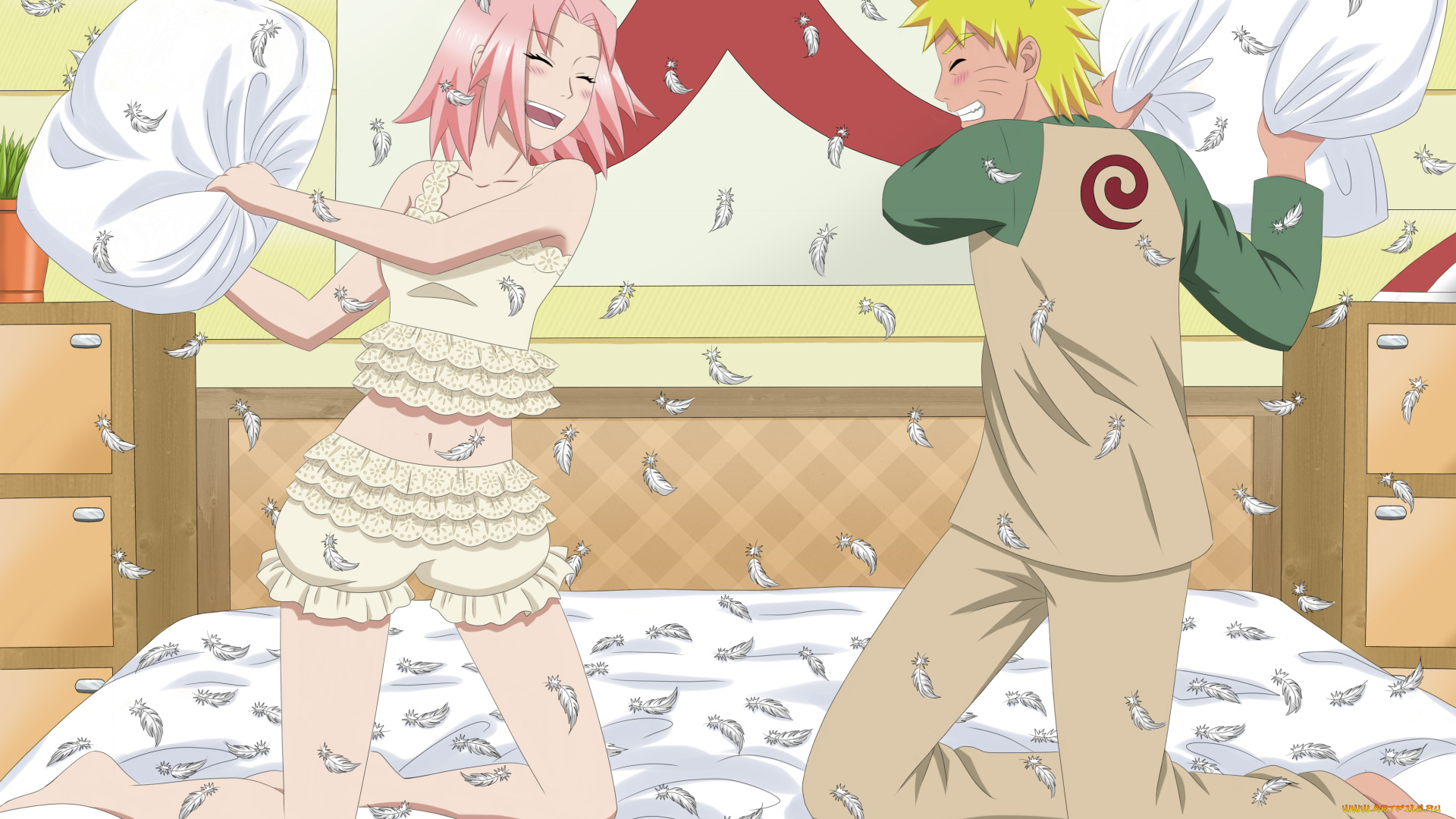 аниме, naruto, перья, кровать, веселье, сакура, подушки, наруто