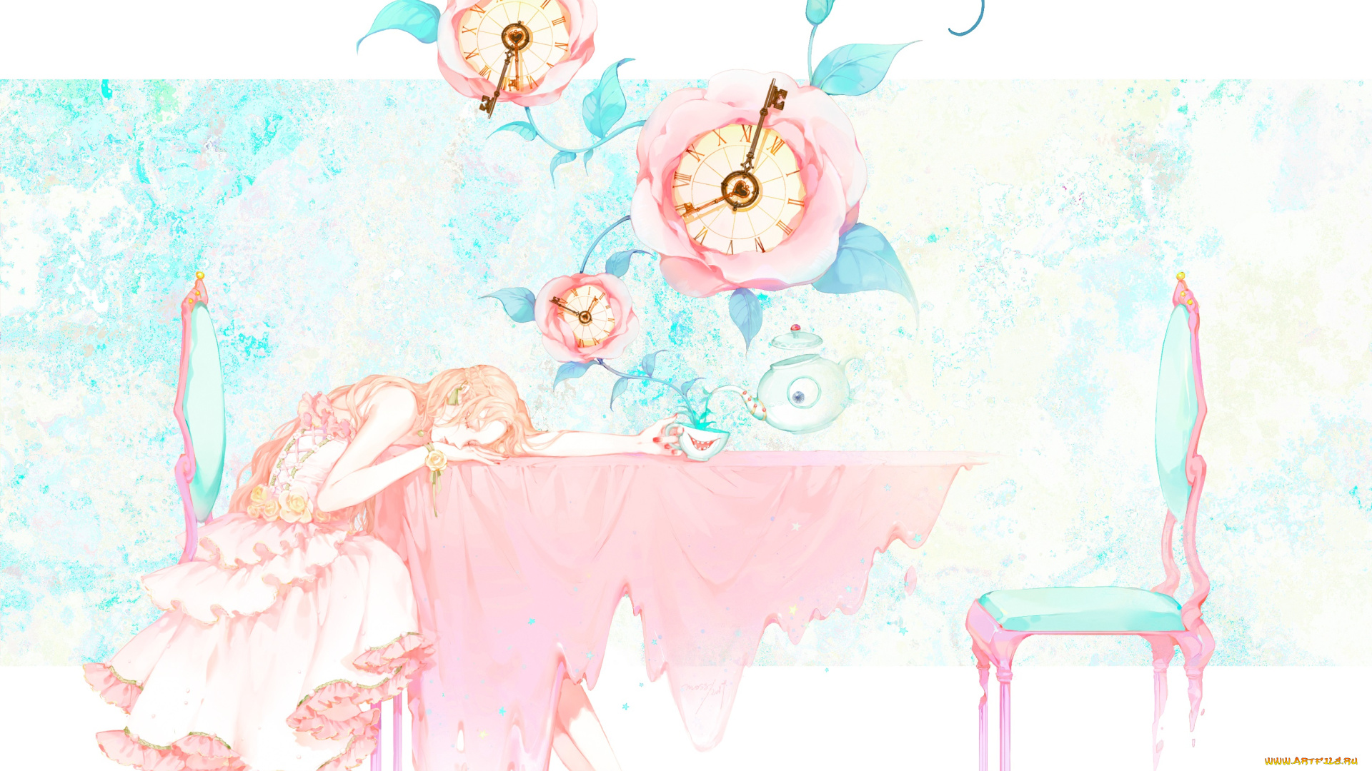 аниме, unknown, , другое, часы, розы, девушка, moss