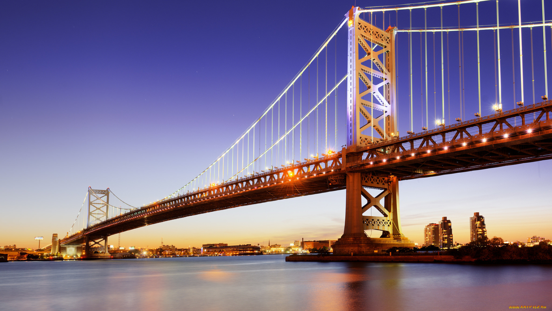 города, -, мосты, филадельфия, река, делавэр, опора, ночь, огни, мост, бенджамина, франклина