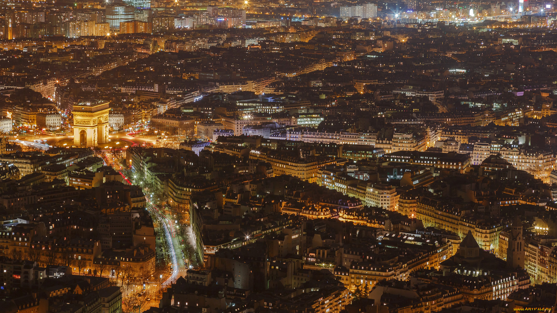 города, париж, , франция, панорама, огни, ночь, триумфальная, арка, дома, париж