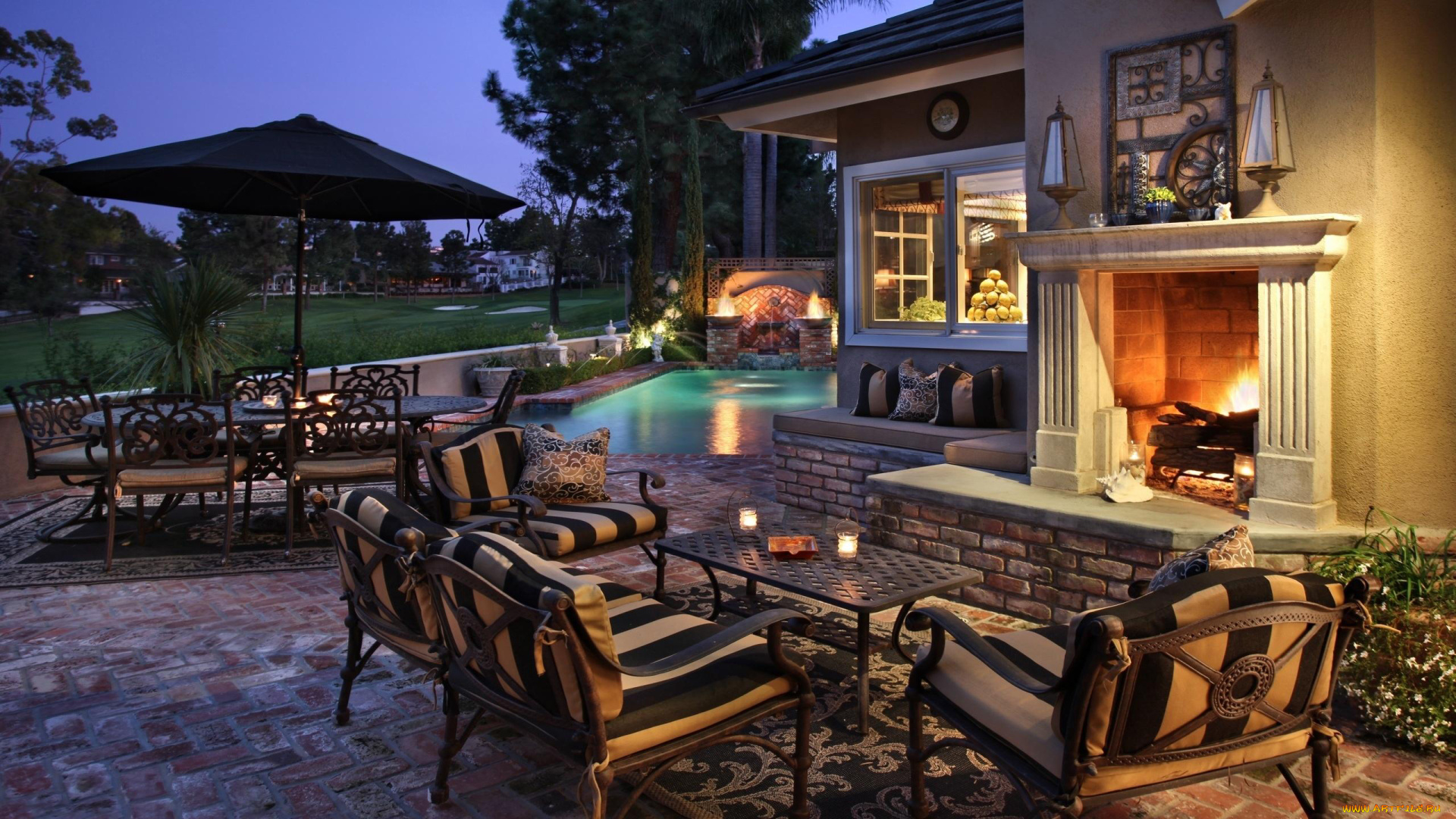 интерьер, бассейны, , открытые, площадки, камин, свечи, бассейн