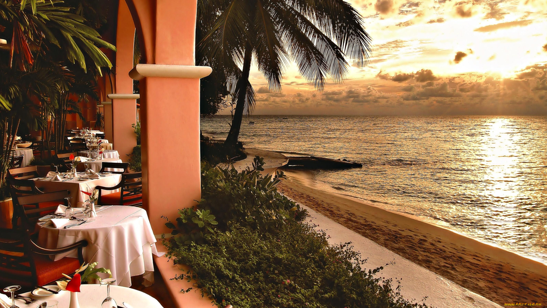 интерьер, кафе, , рестораны, , отели, закат, ресторан, пляж, море