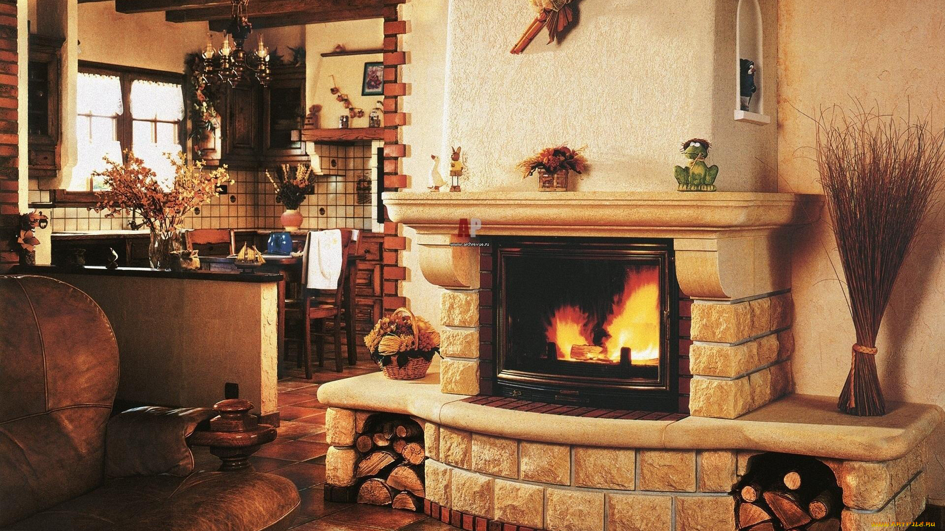 интерьер, камины, кресло, дрова, камин