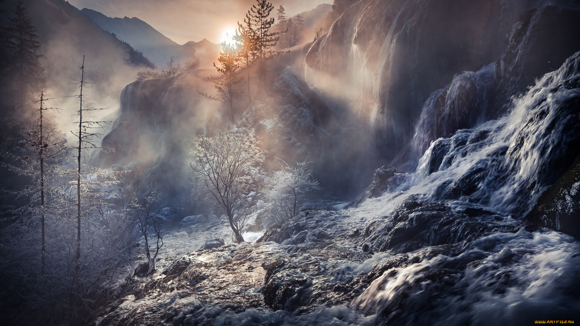 природа, водопады, вода, туман, китай, дымка, скалы, лес, потоки, свет