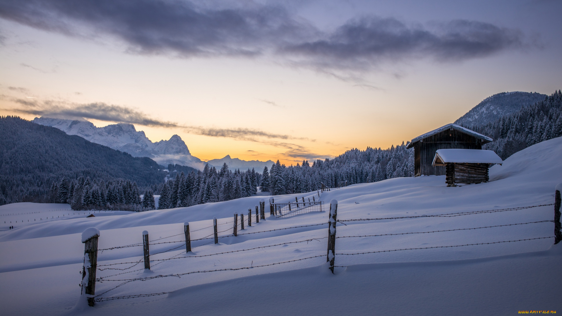 природа, зима, снег, горы, дом, забор, утро