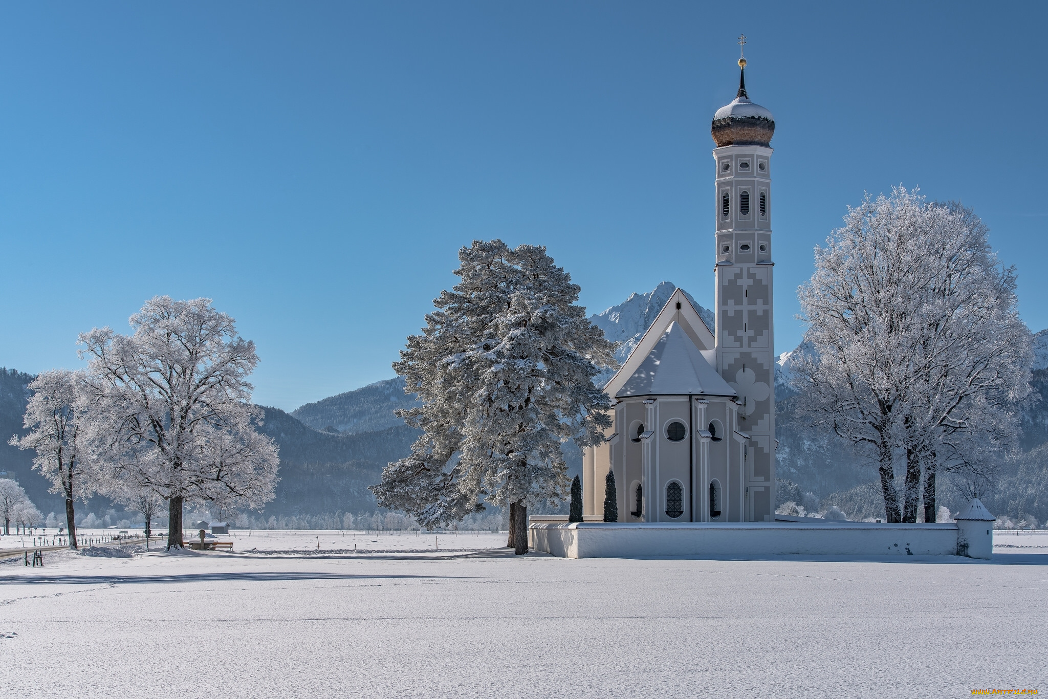 города, -, католические, соборы, , костелы, , аббатства, церковь, святого, кальмана, schwangau, швангау, alps, германия, зима, germany, bavaria, деревья, sankt, coloman, горы, альпы, бавария