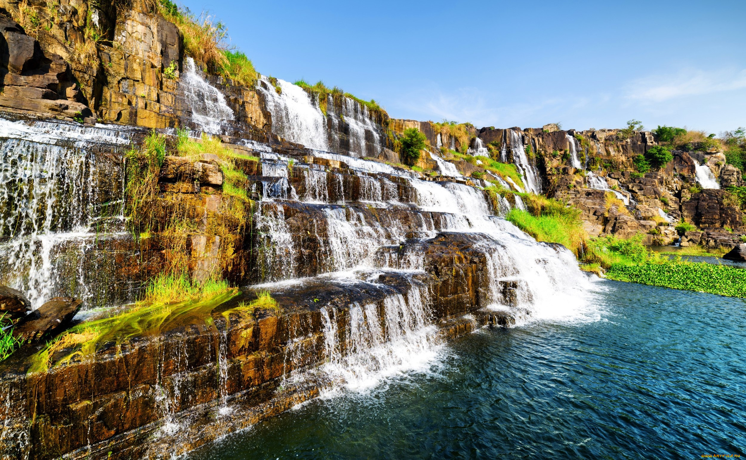 природа, водопады, поток, скала