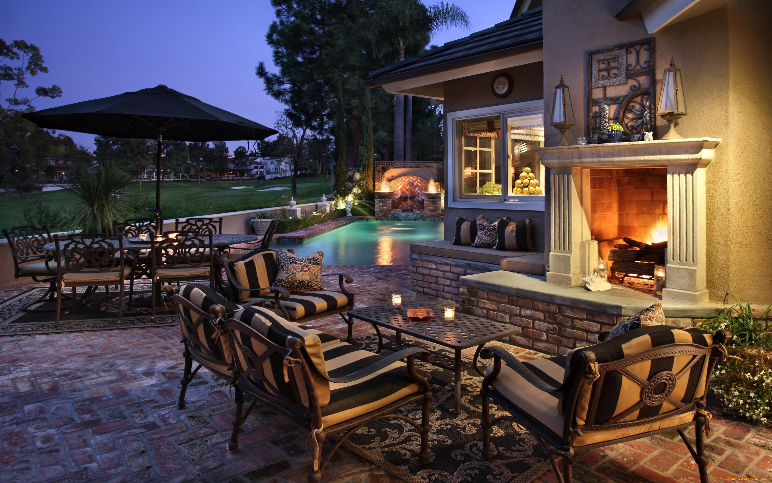 интерьер, бассейны, , открытые, площадки, камин, свечи, бассейн