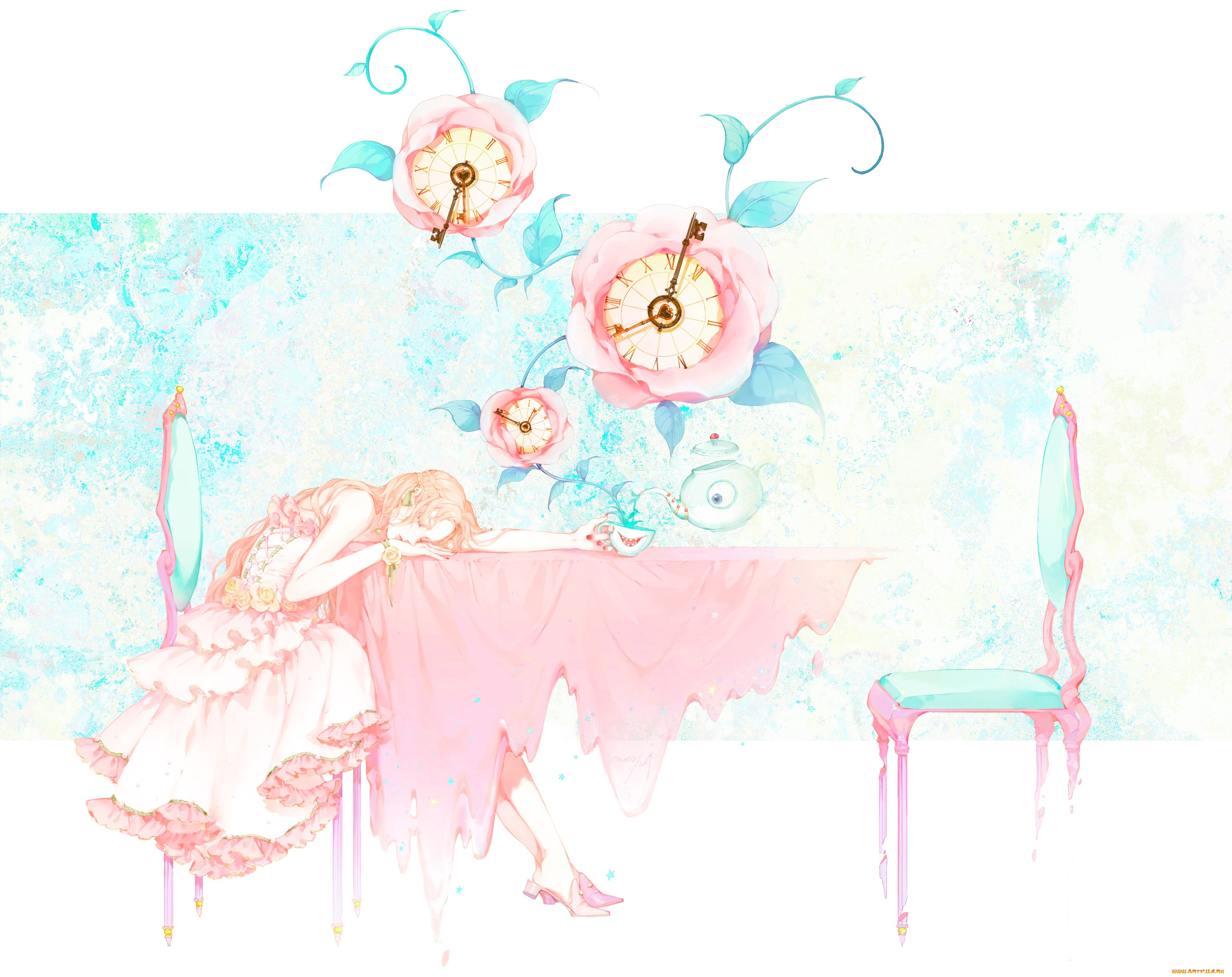 аниме, unknown, , другое, часы, розы, девушка, moss