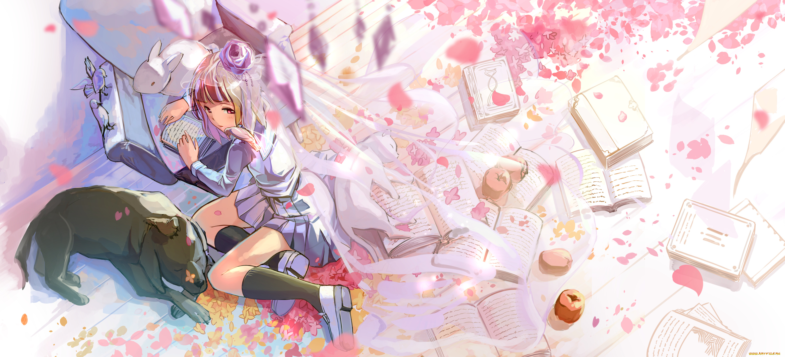 аниме, животные, , существа, кошка, собака, девочка