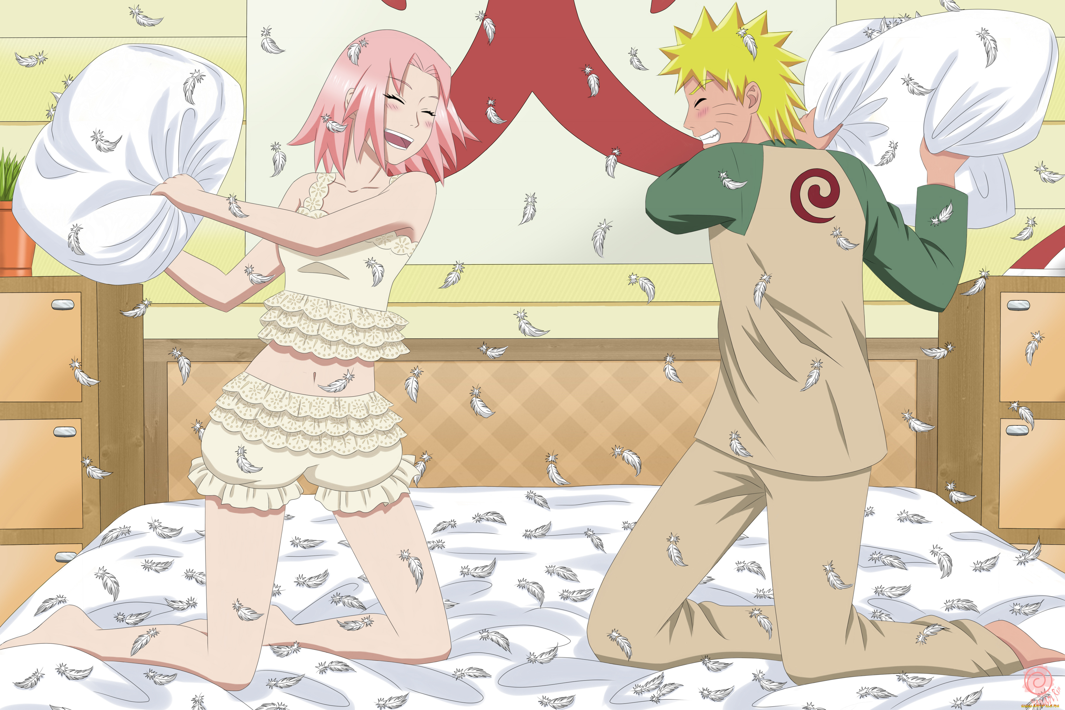 аниме, naruto, перья, кровать, веселье, сакура, подушки, наруто