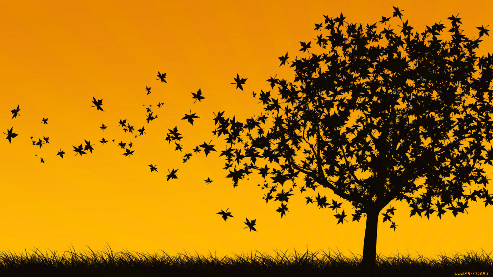 векторная, графика, природа, , nature, дерево, осень, листья, силуэт, трава, ветер