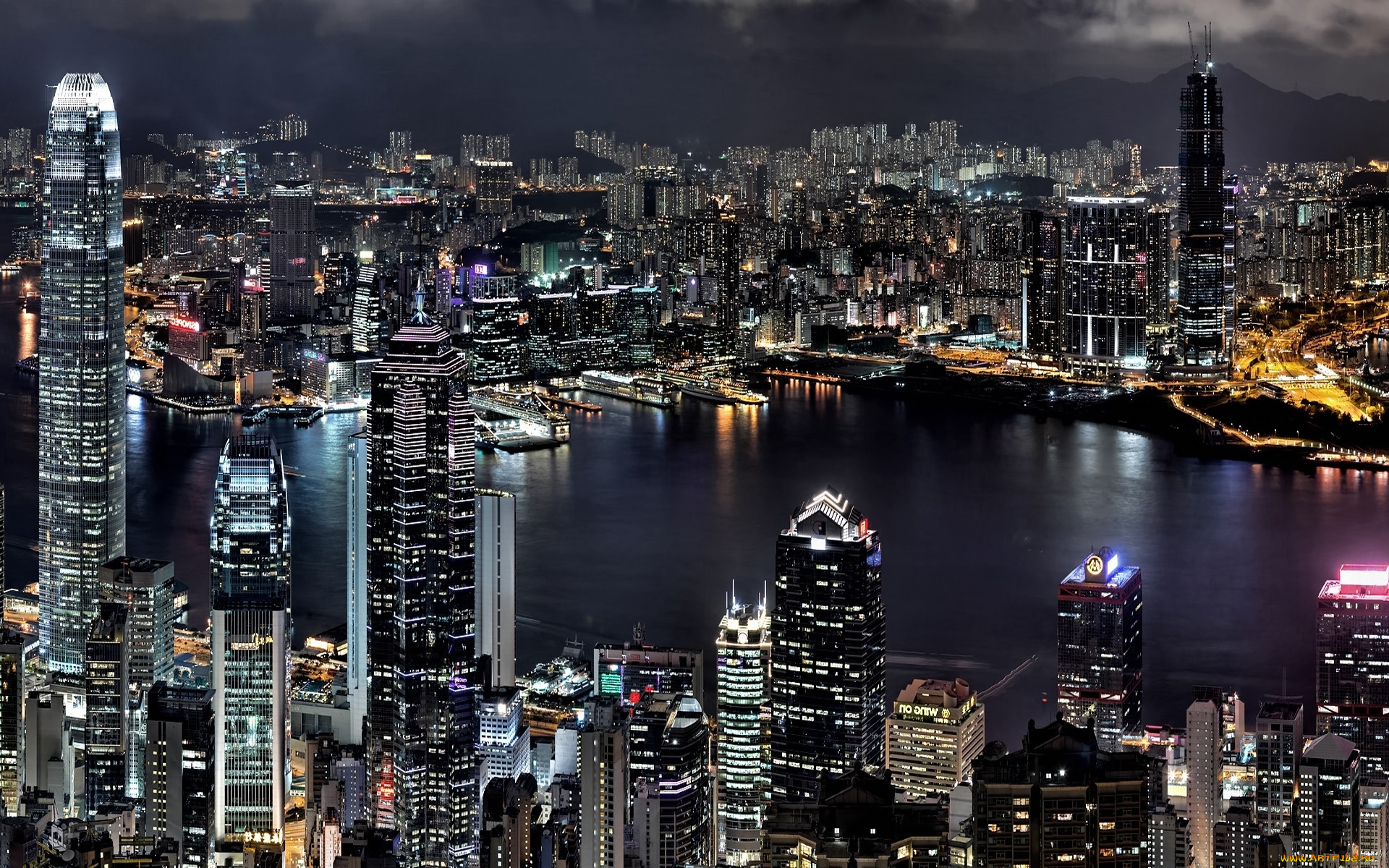 гонконг, , вид, на, залив, виктория, города, гонконг, , китай, здания, огни, дома, небоскребы, панорама, город