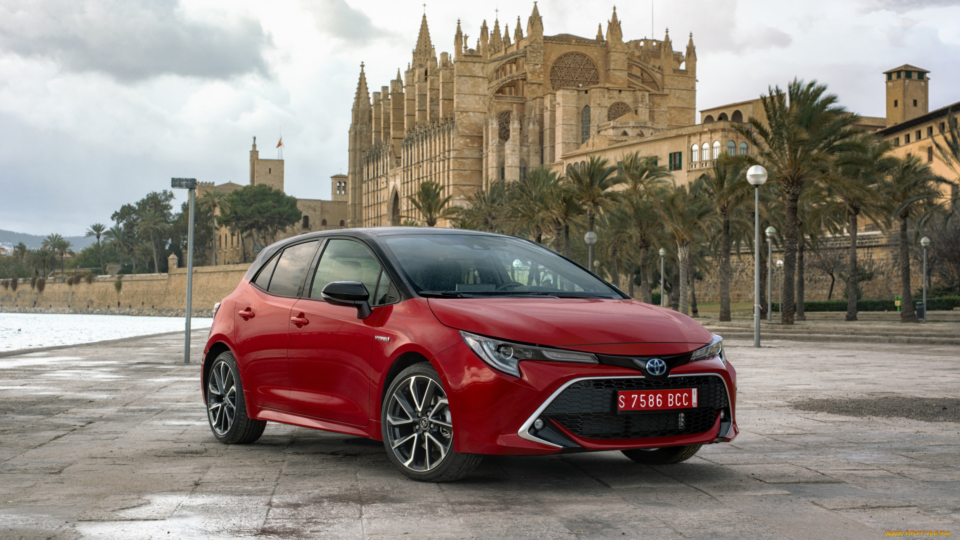 2019, toyota, corolla, hybrid, автомобили, toyota, красный, хэтчбек, новая, модель, экстерьер, вид, спереди, японские, тойота, площадь