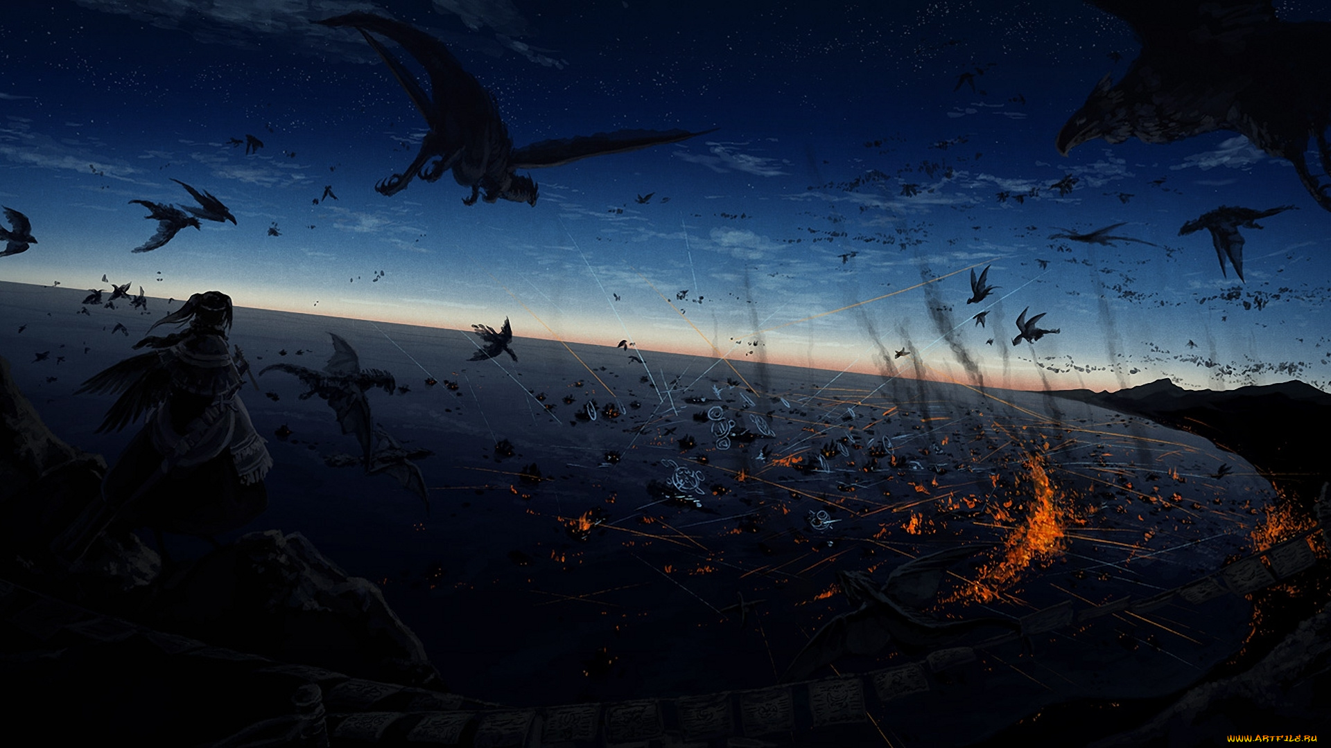 аниме, животные, , существа, атака, человек, ночь, гарпии, огонь
