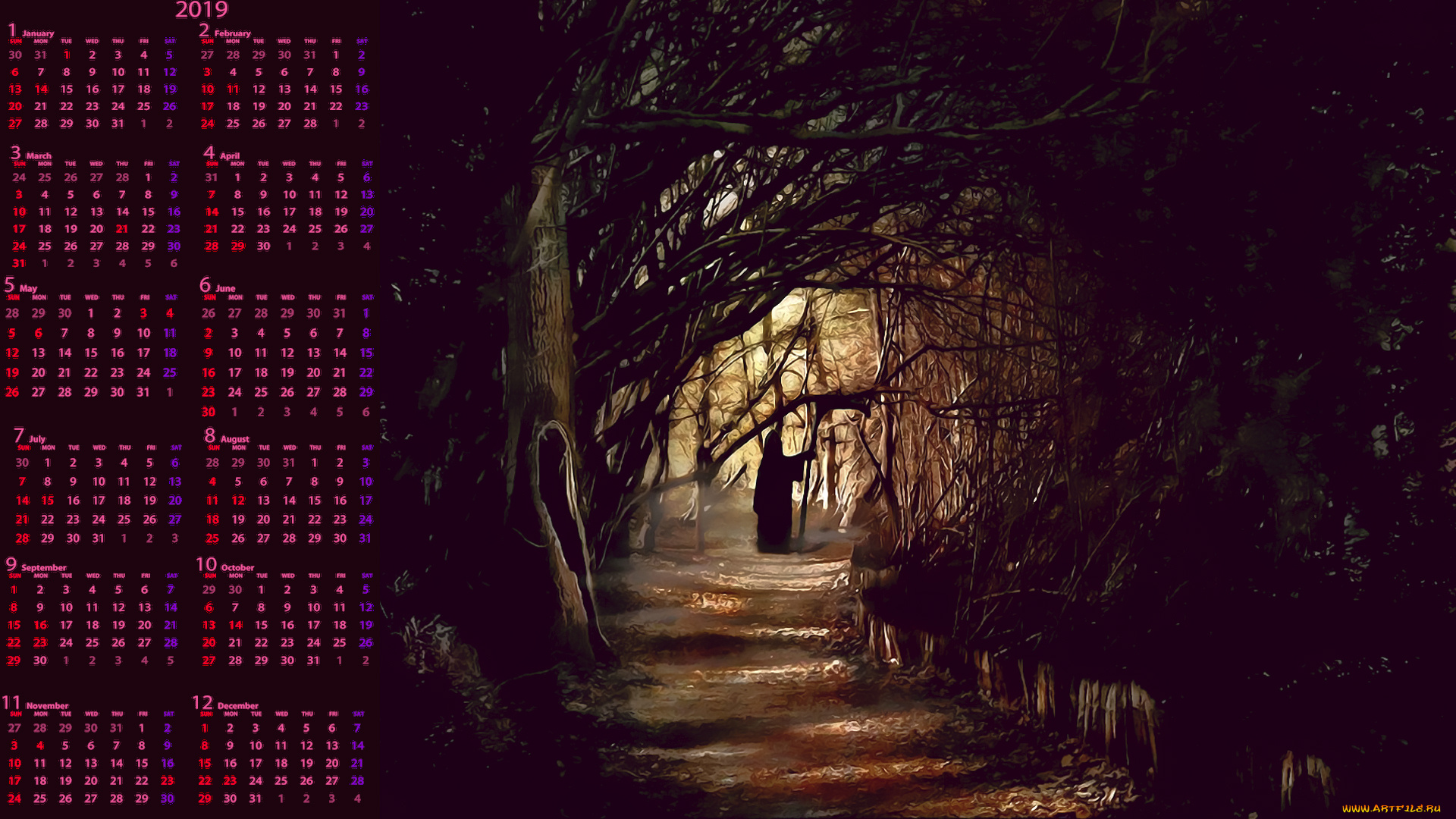 календари, фэнтези, дорога, капюшон, дерево, смерть