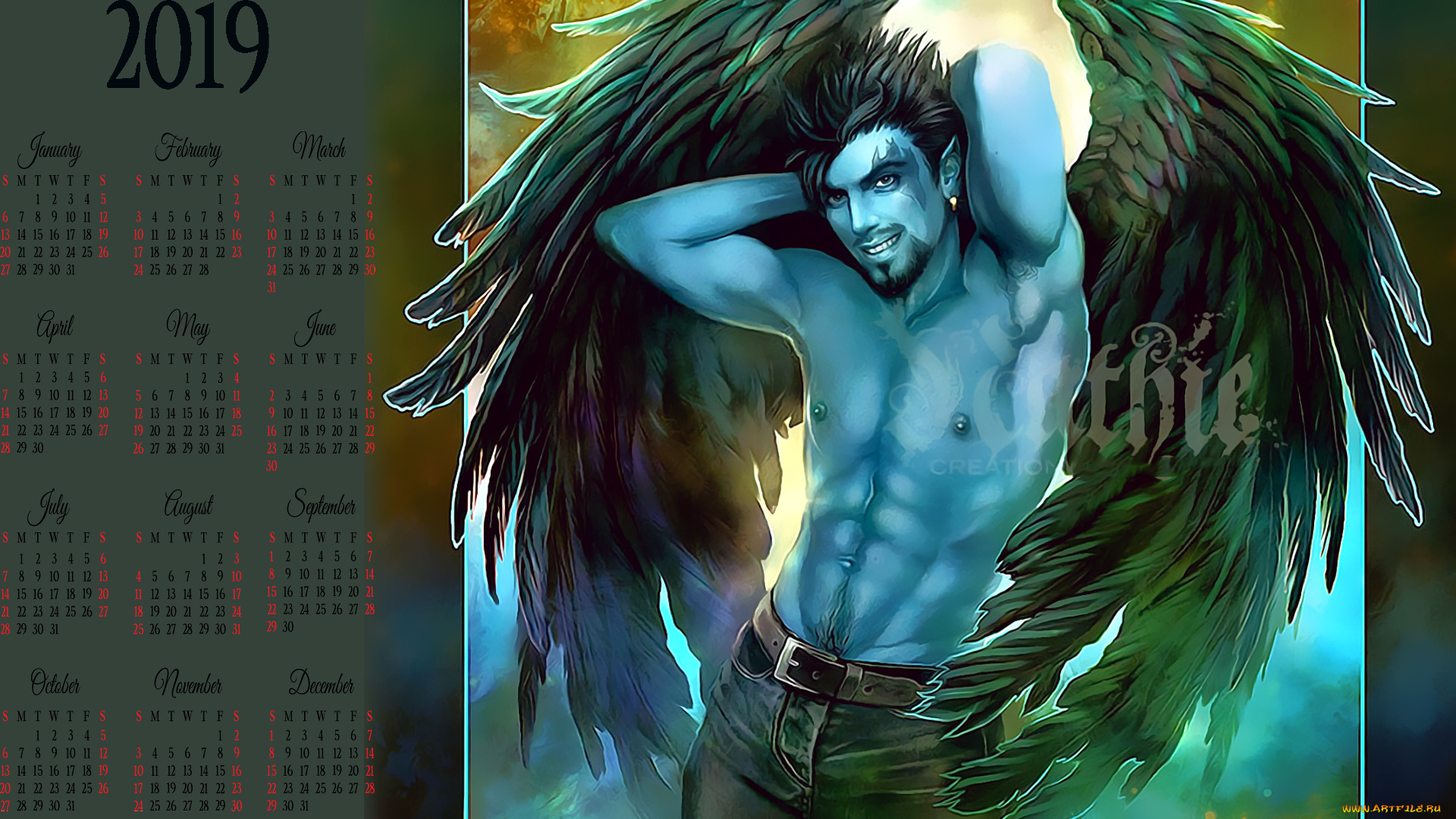 календари, фэнтези, мужчина, крылья