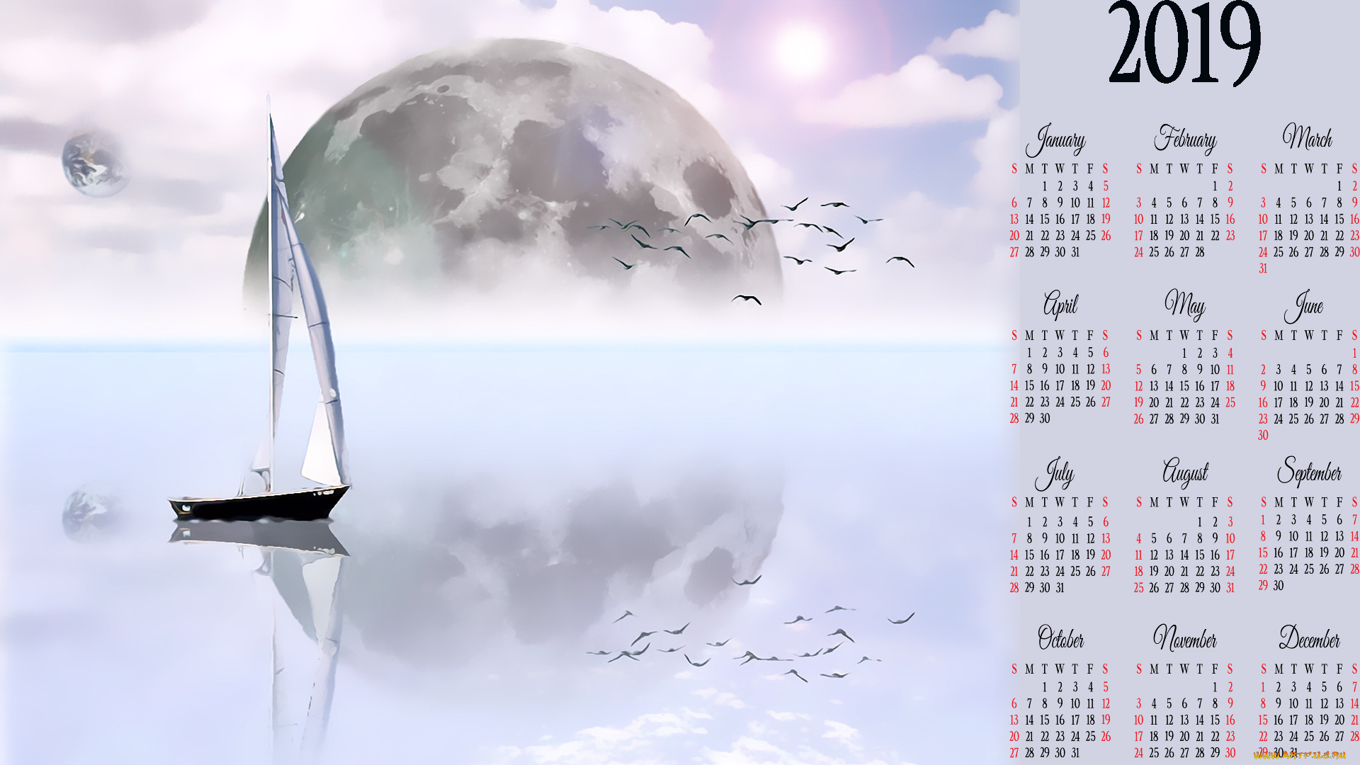 календари, фэнтези, отражение, планета, лодка, парус, яхта, водоем