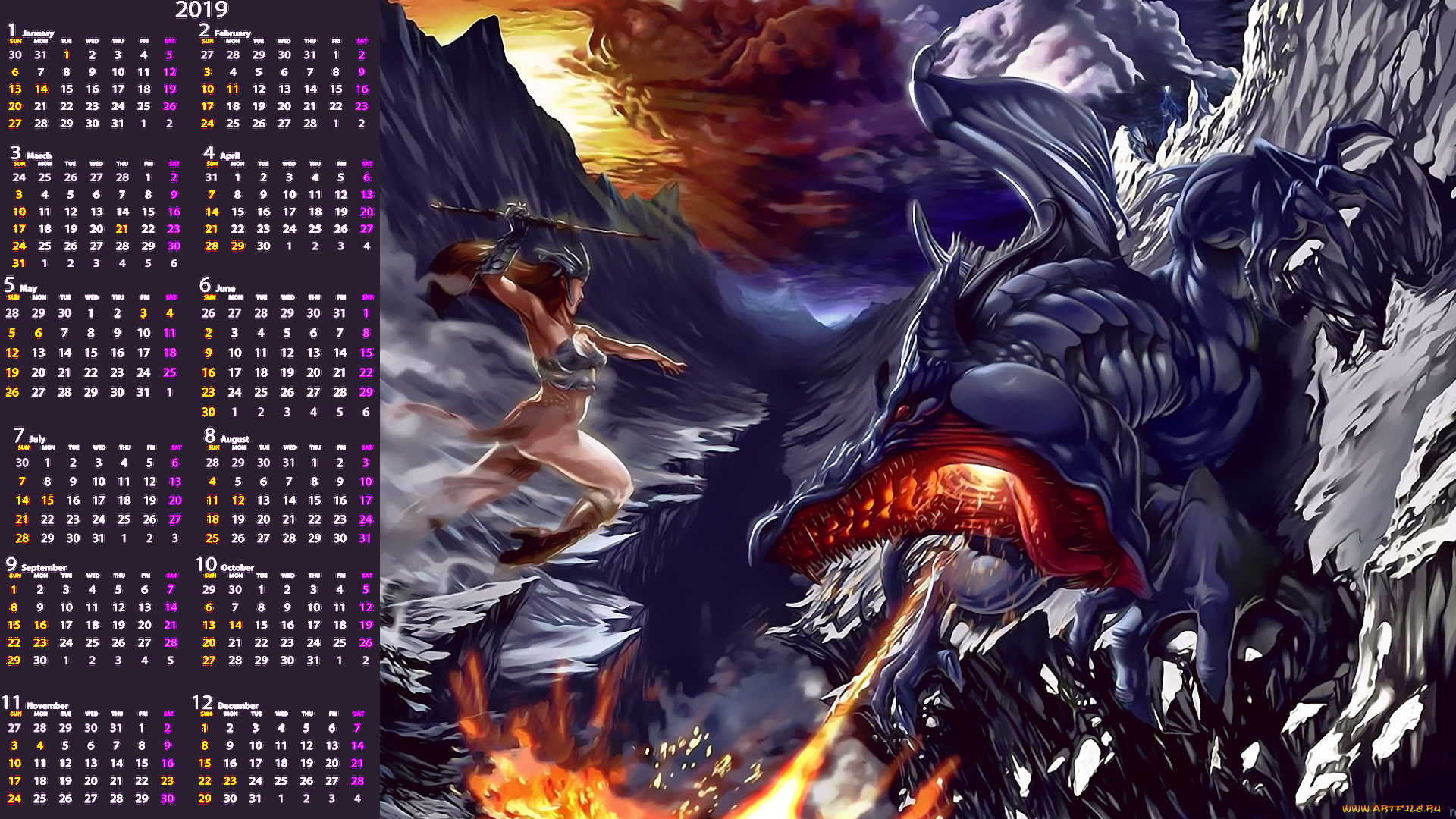 календари, фэнтези, воительница, женщина, дракон