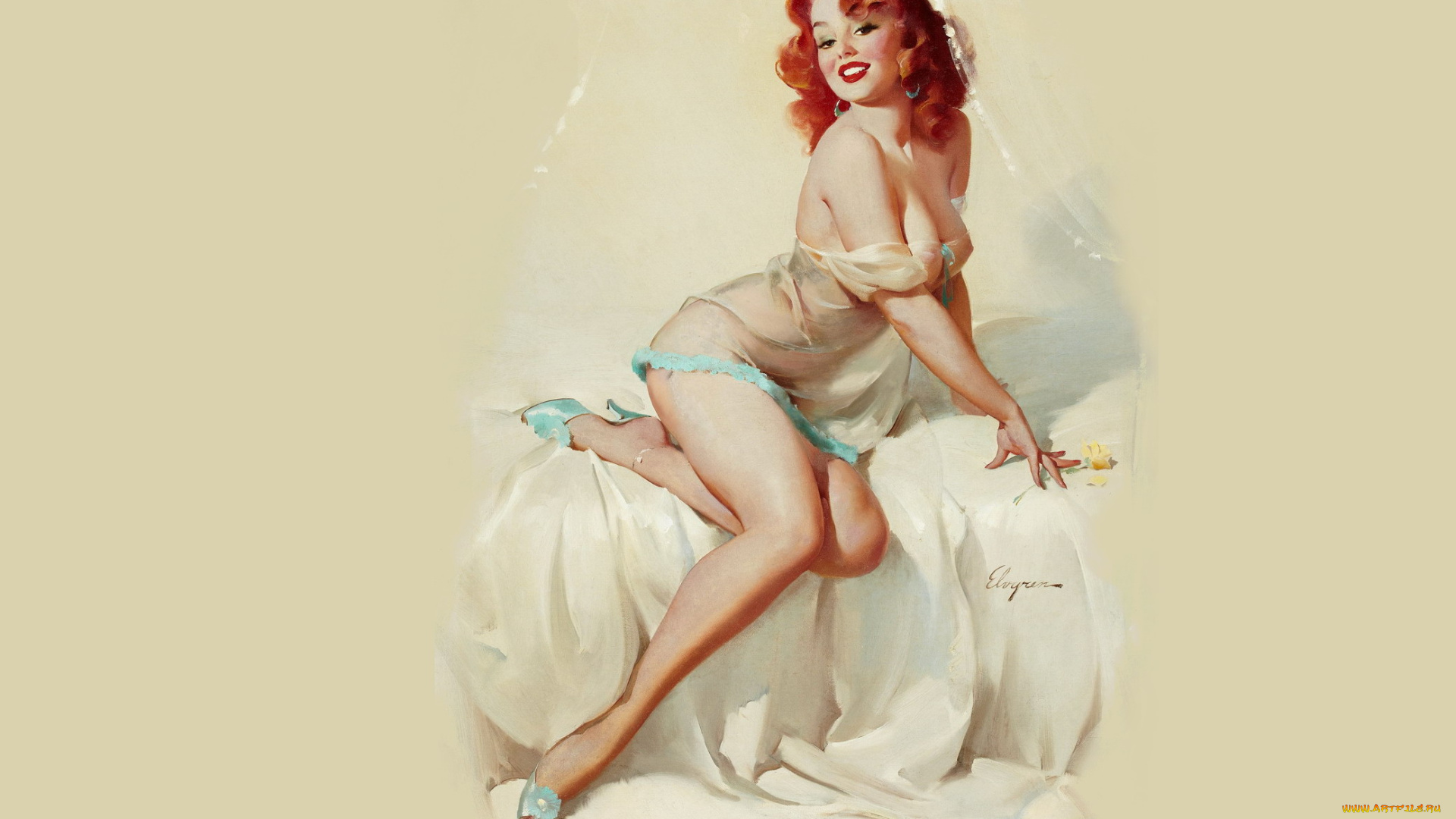 рисованное, arthur, saron, sarnoff, пеньюар, пин-ап, рыжая, улыбка, девушка