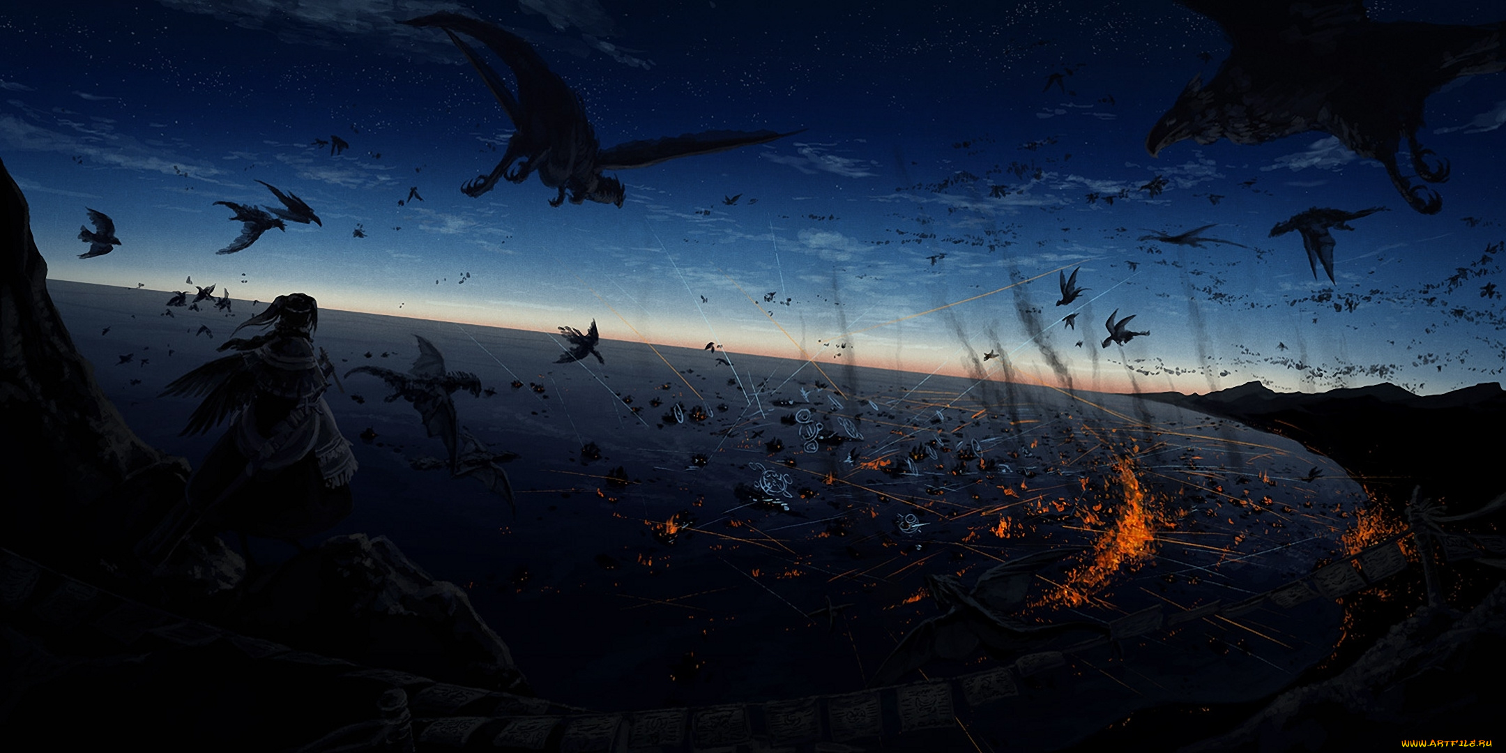 аниме, животные, , существа, атака, человек, ночь, гарпии, огонь
