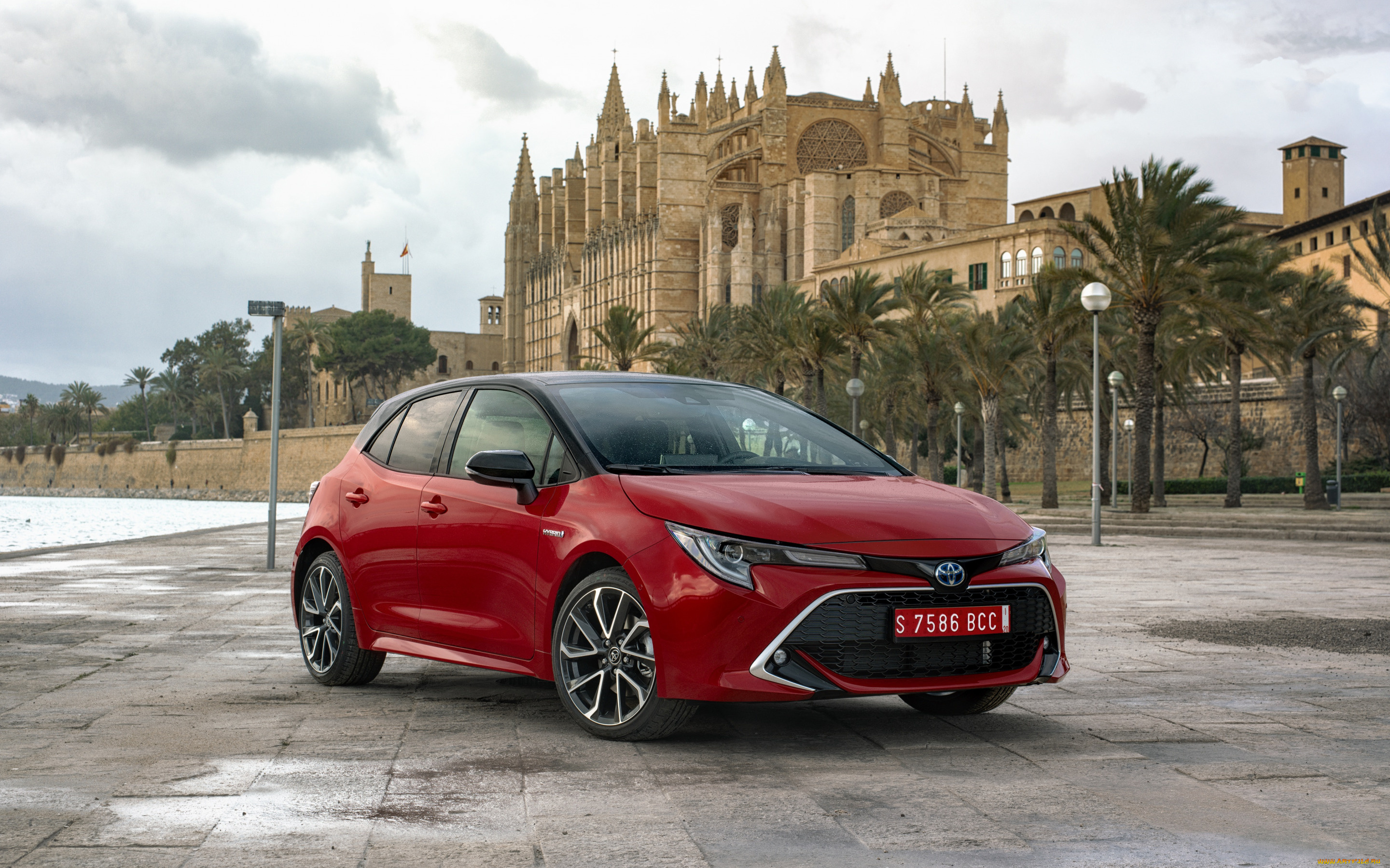 2019, toyota, corolla, hybrid, автомобили, toyota, красный, хэтчбек, новая, модель, экстерьер, вид, спереди, японские, тойота, площадь