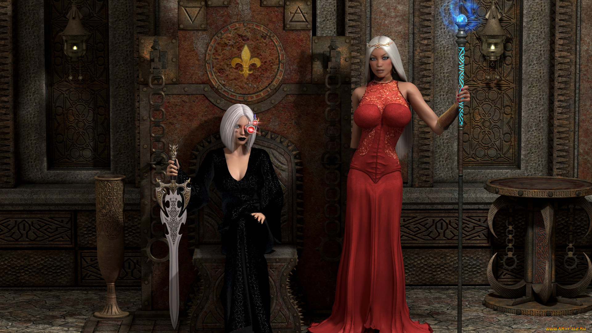 3д, графика, фантазия, , fantasy, девушки, фон, взгляд, платье, меч