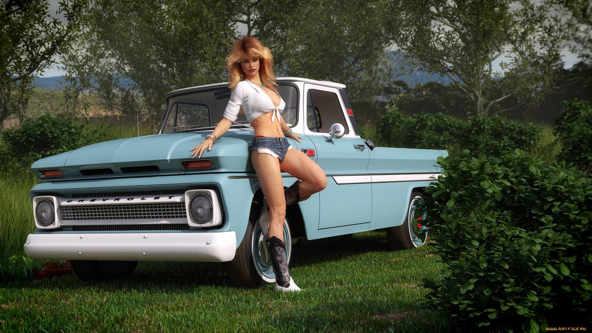 3д, графика, люди-авто, мото, , people-, car, , , moto, девушка, фон, взгляд, природа, автомобиль