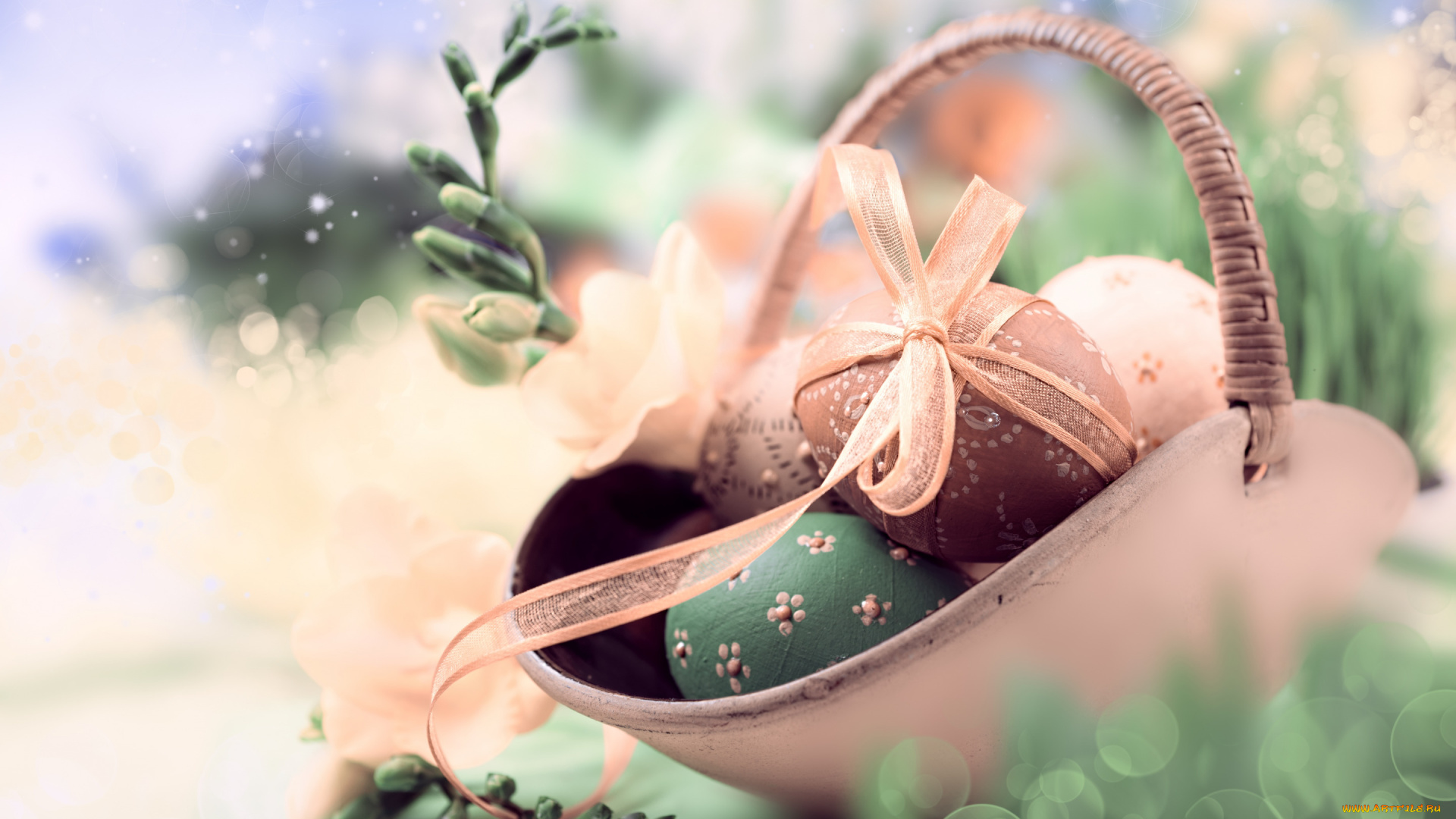 праздничные, пасха, фон, праздник, весна, лента, корзинка, веточки