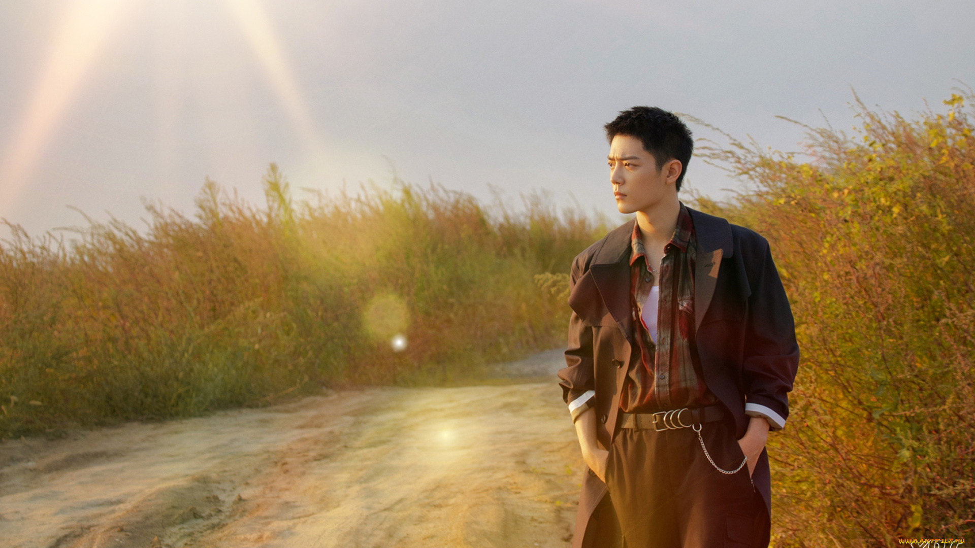 мужчины, xiao, zhan, актер, плащ, дорога, поля