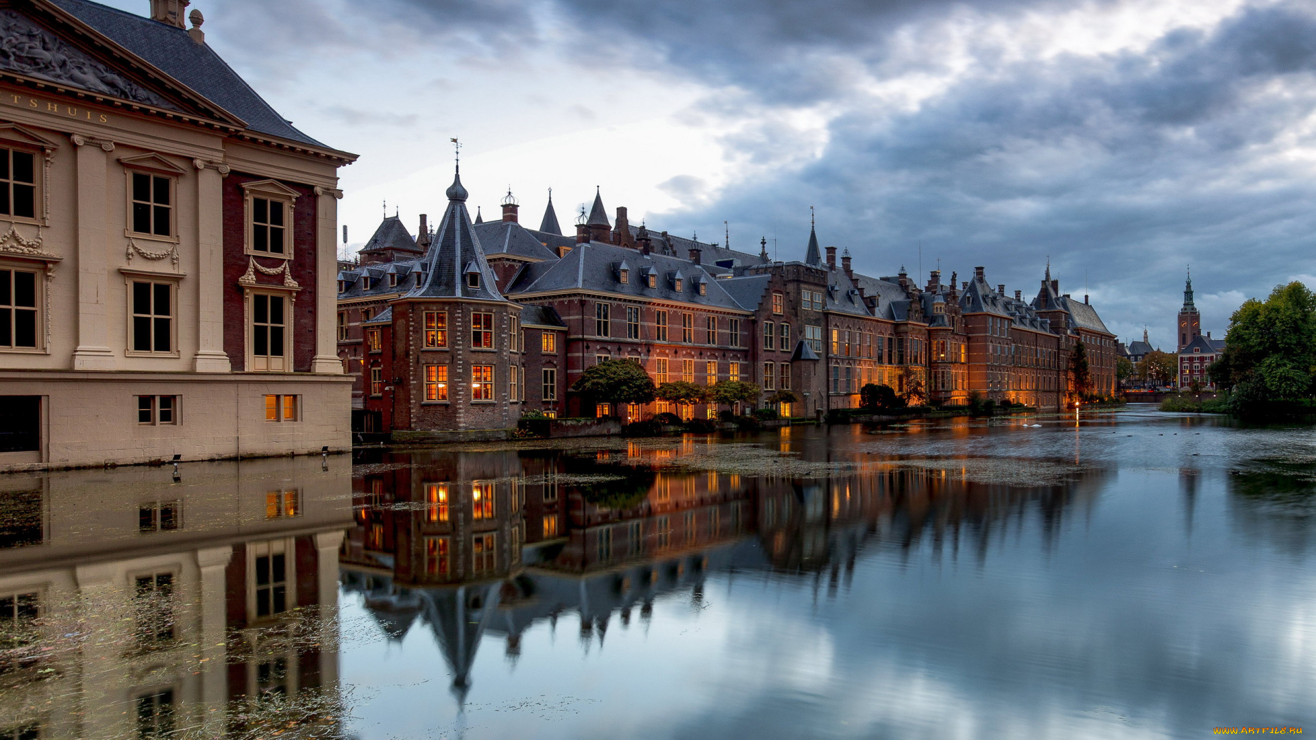 города, гаага, , нидерланды, река, здания, вечер